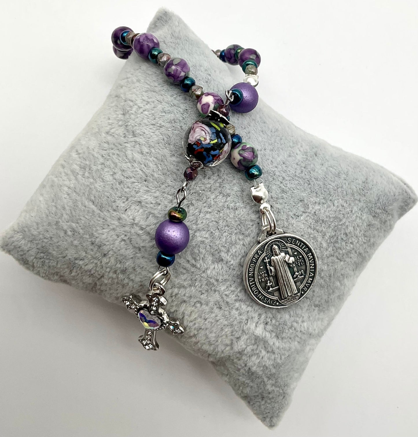 Purple and Green Agate Saint Benedict Beaded Pocket Rosary Catholic Christian Religious Jewelry with Rhinestone Accent Cross - 1 Decade