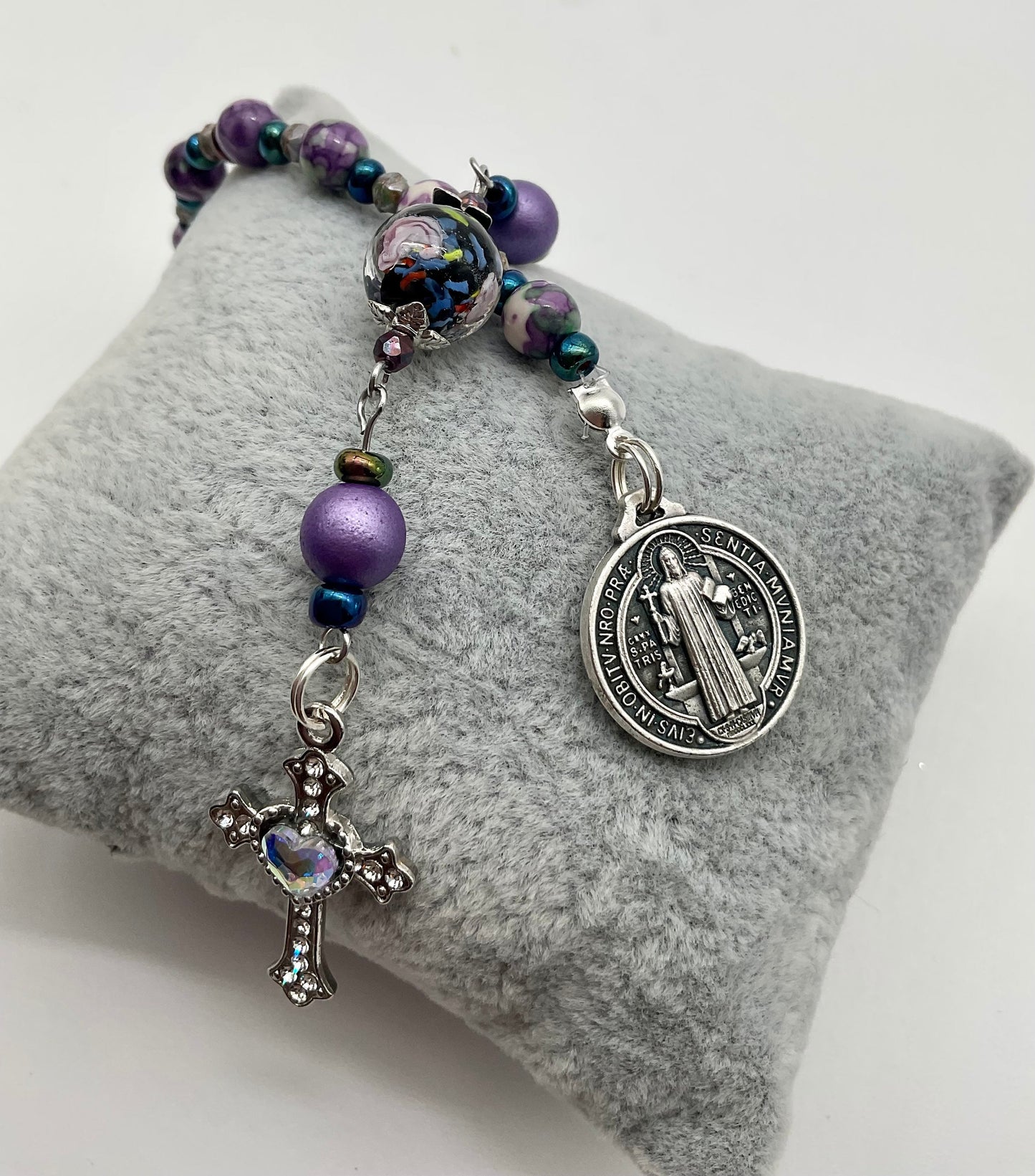 Purple and Green Agate Saint Benedict Beaded Pocket Rosary Catholic Christian Religious Jewelry with Rhinestone Accent Cross - 1 Decade