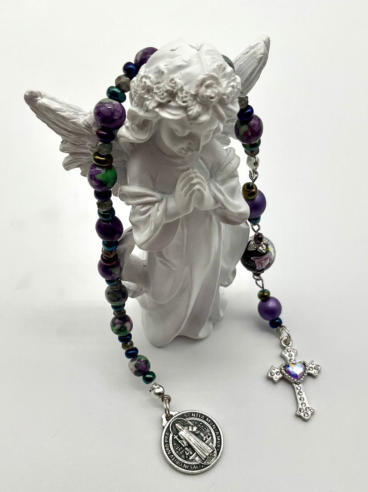 Purple and Green Agate Saint Benedict Beaded Pocket Rosary Catholic Christian Religious Jewelry with Rhinestone Accent Cross - 1 Decade