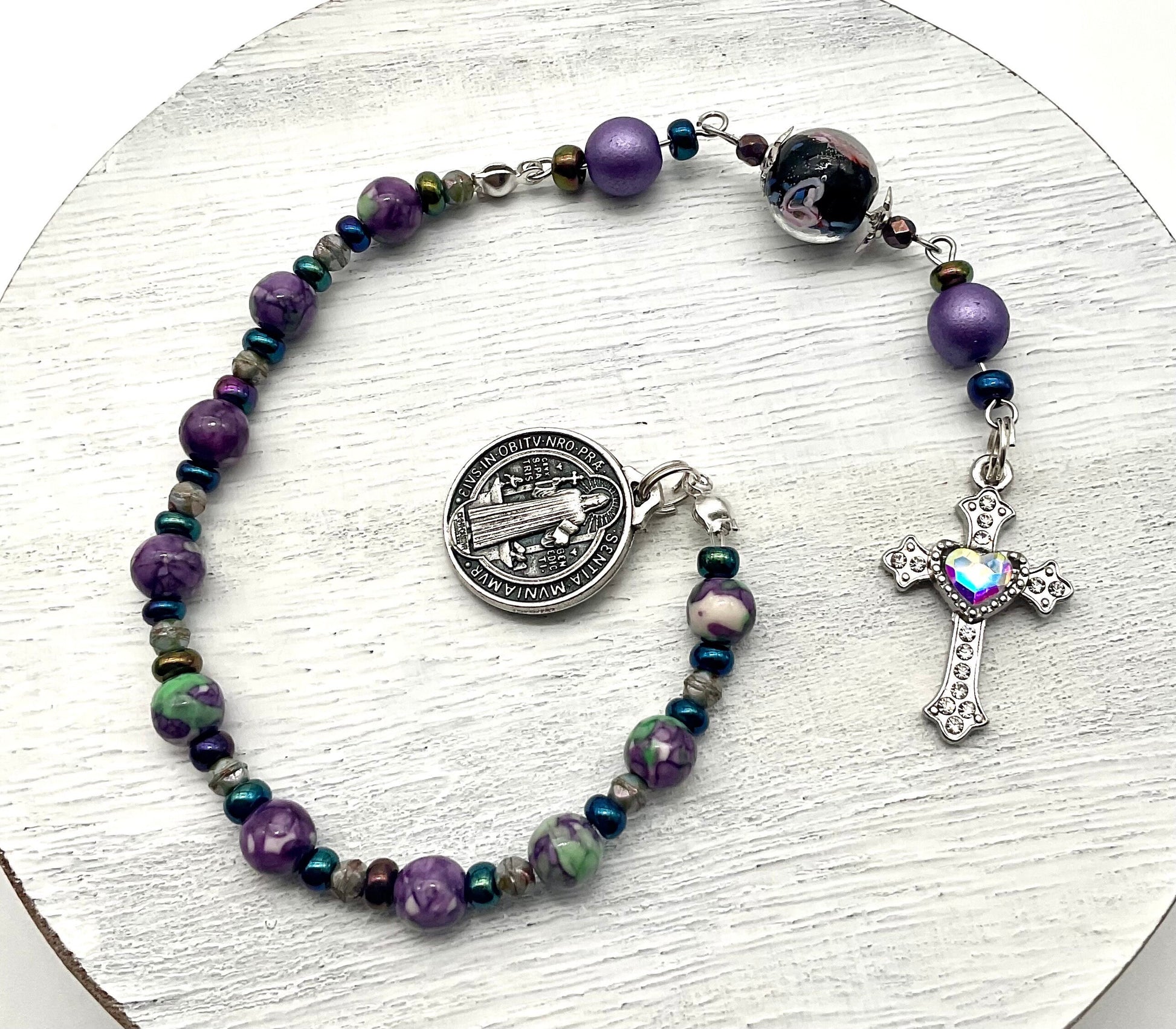 Purple and Green Agate Saint Benedict Beaded Pocket Rosary Catholic Christian Religious Jewelry with Rhinestone Accent Cross - 1 Decade