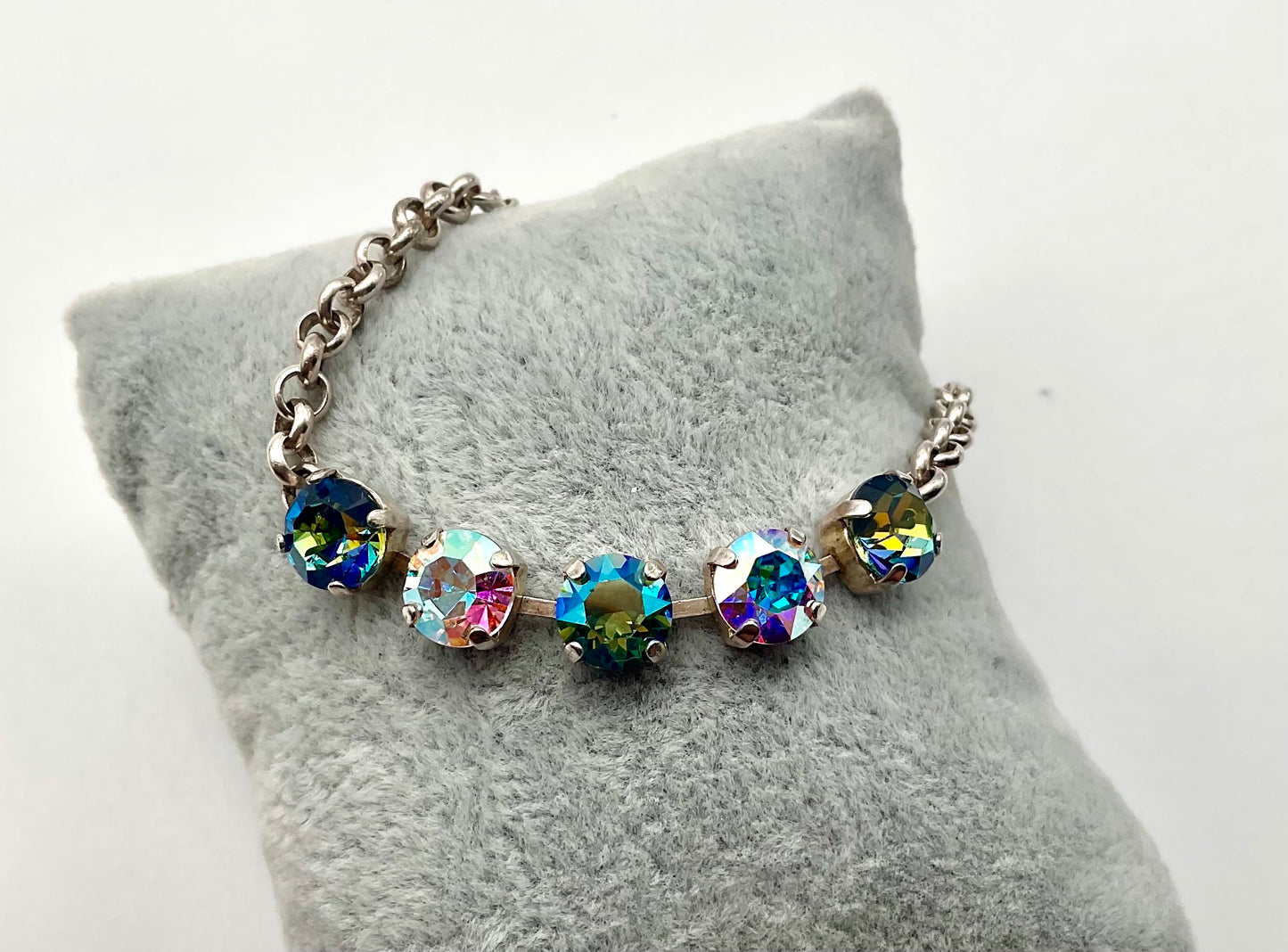 Genuine Swarovski Crystal Silver Bracelet with Blue and Pink Crystals on a Cup Chain