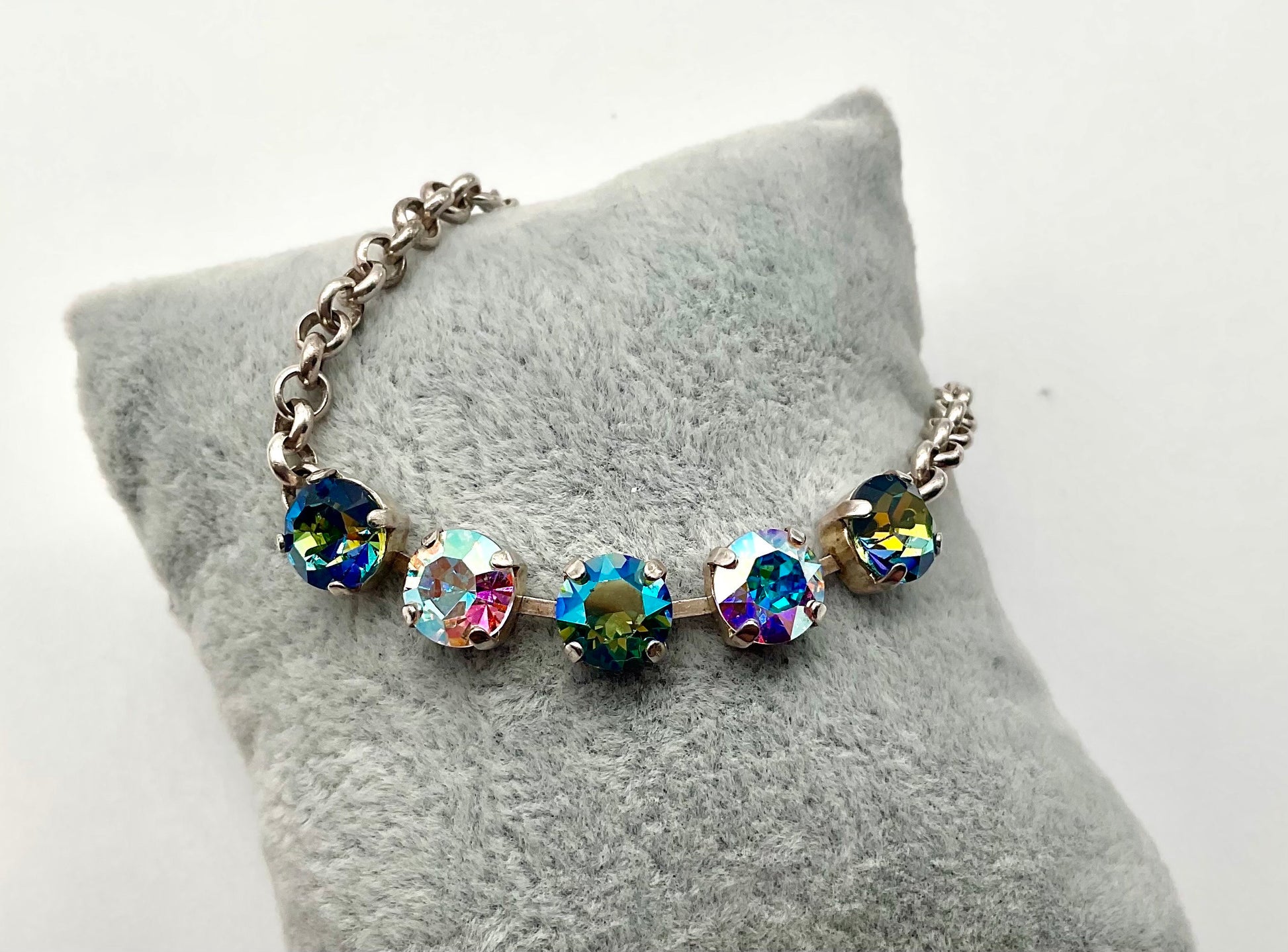 Genuine Swarovski Crystal Silver Bracelet with Blue and Pink Crystals on a Cup Chain