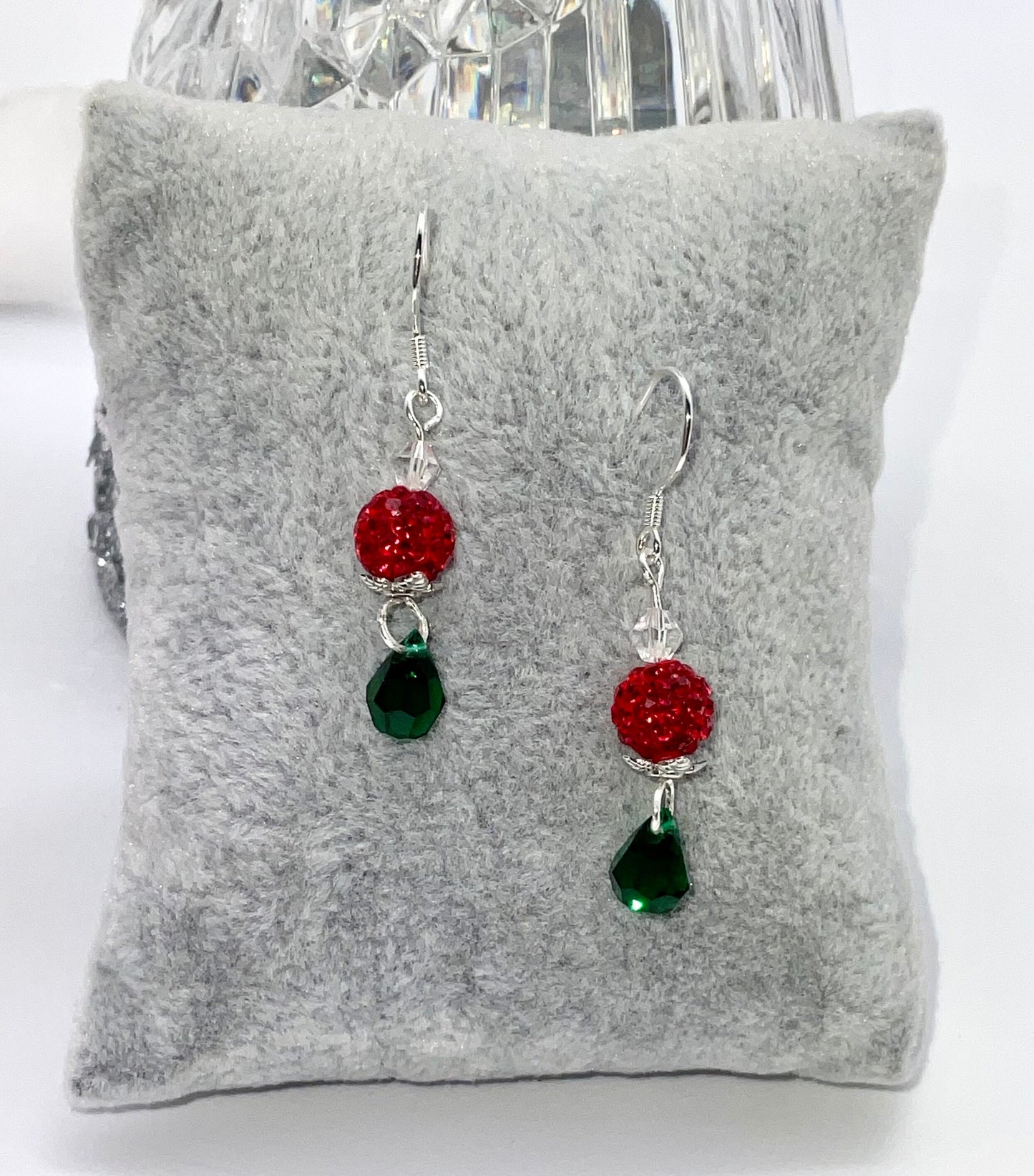 Christmas - Holiday Crystal Drop Dangle Earrings Red and Green Bead Accents