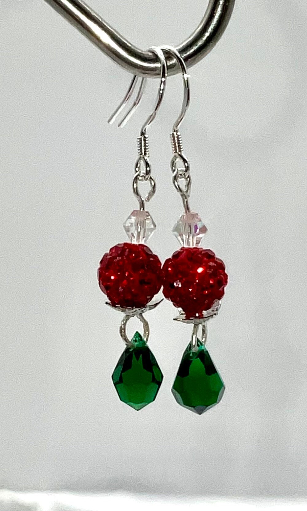 Christmas - Holiday Crystal Drop Dangle Earrings Red and Green Bead Accents