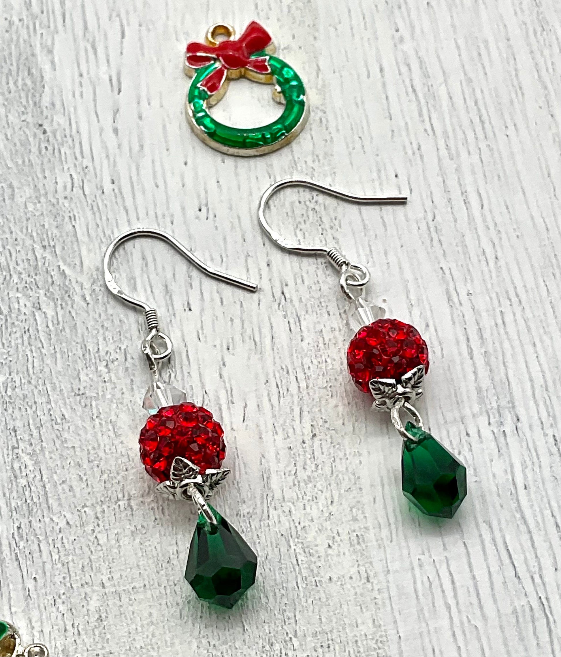 Christmas - Holiday Crystal Drop Dangle Earrings Red and Green Bead Accents