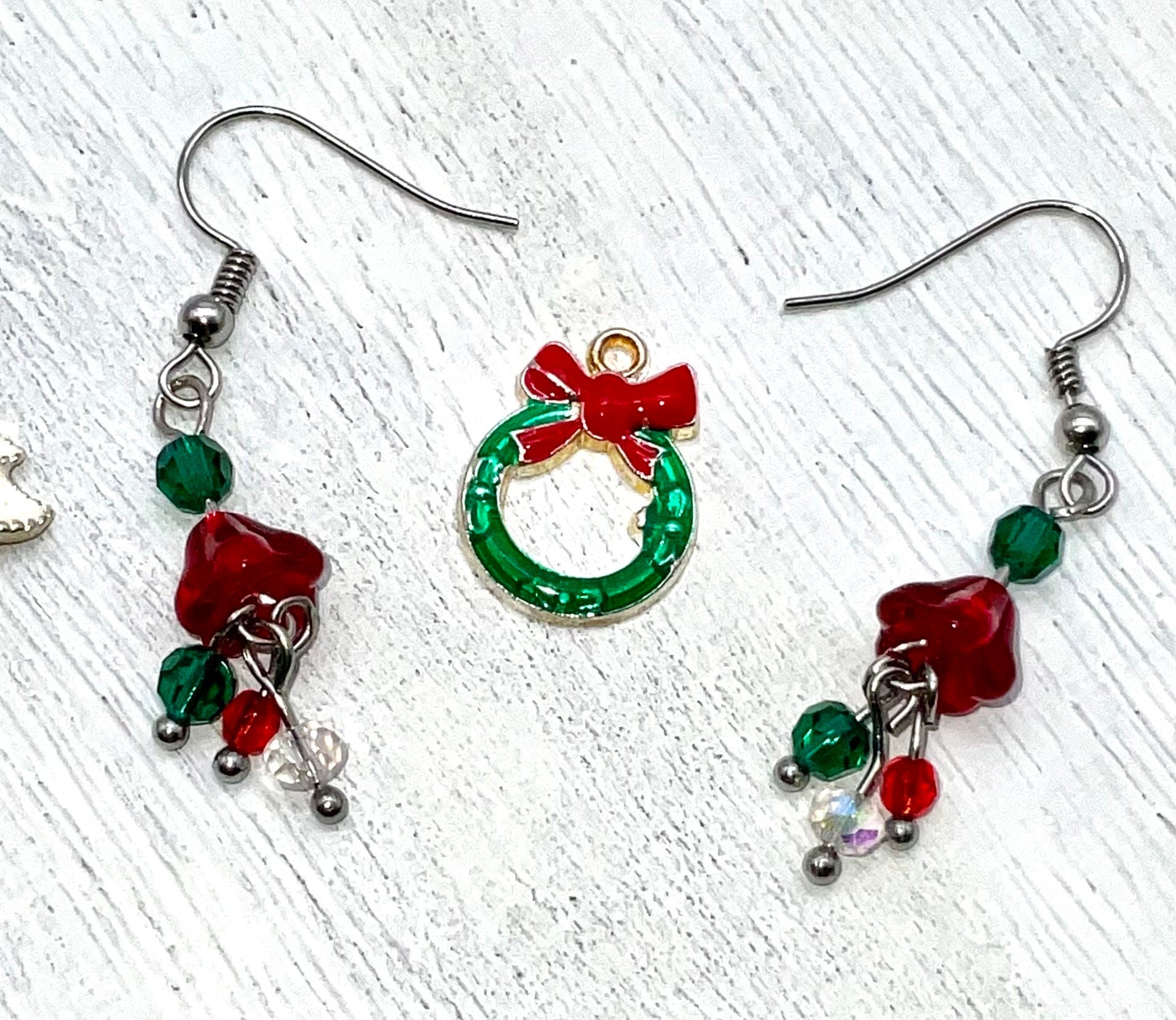 Christmas - Holiday Crystal Drop Dangle Earrings Red White and Green Bead Accents