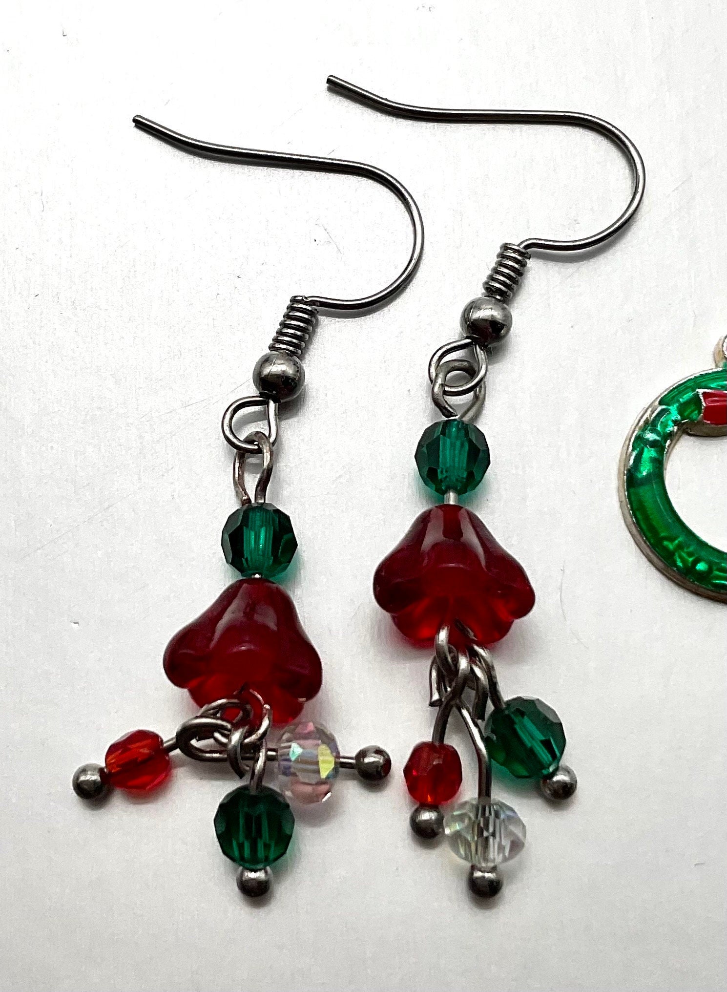 Christmas - Holiday Crystal Drop Dangle Earrings Red White and Green Bead Accents