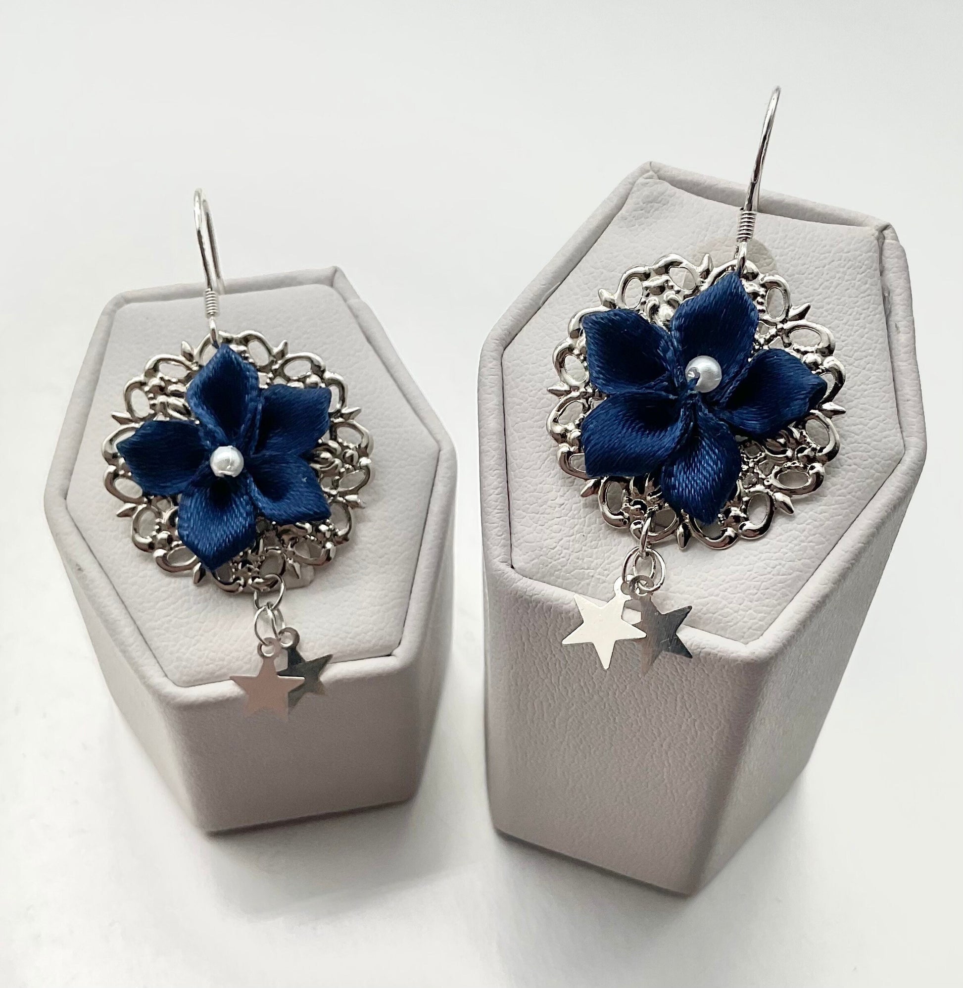 Blue Flower Poinsettia Holiday Christmas Round Silver Dangle Earrings with Star Accents