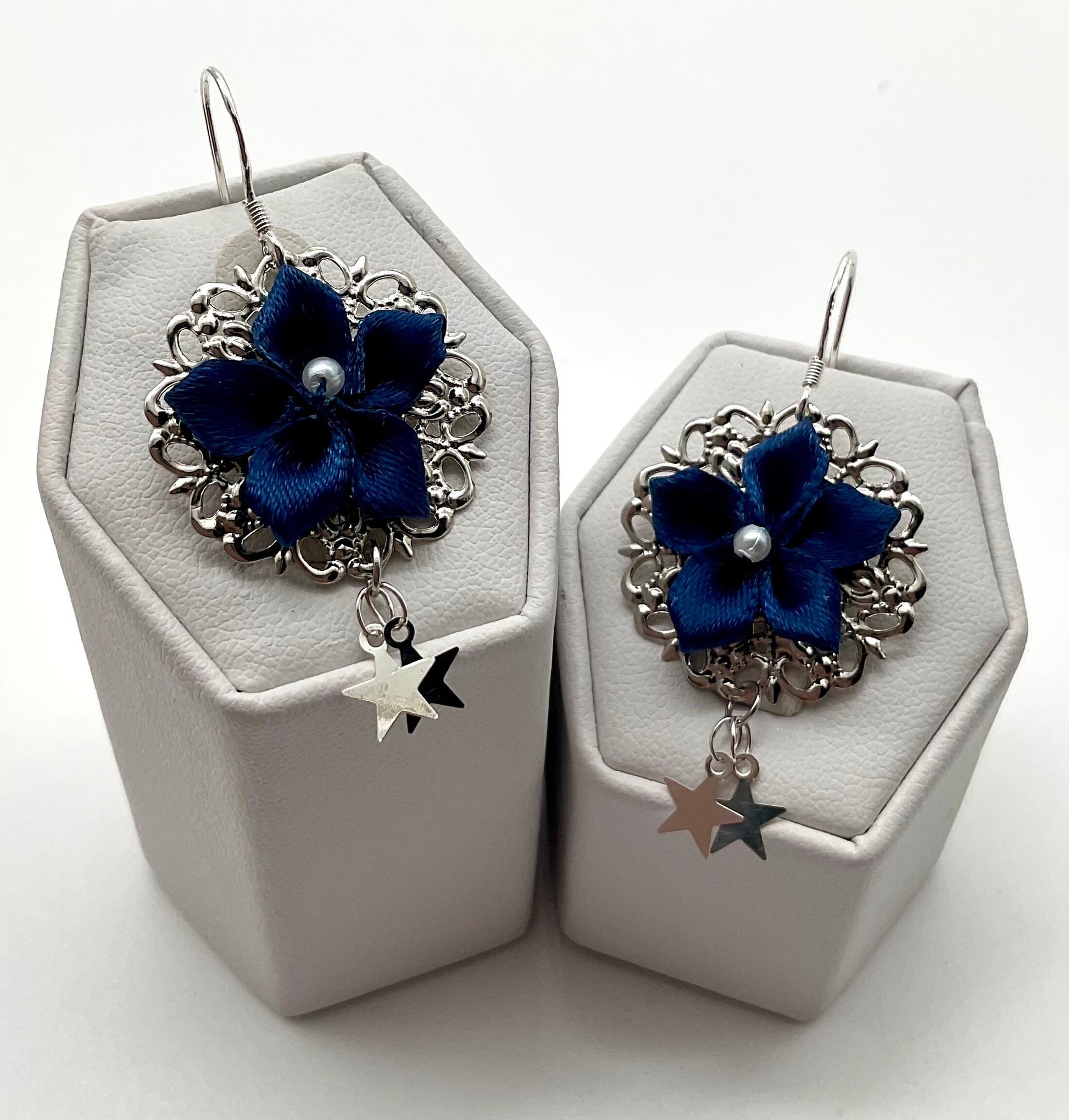 Blue Flower Poinsettia Holiday Christmas Round Silver Dangle Earrings with Star Accents