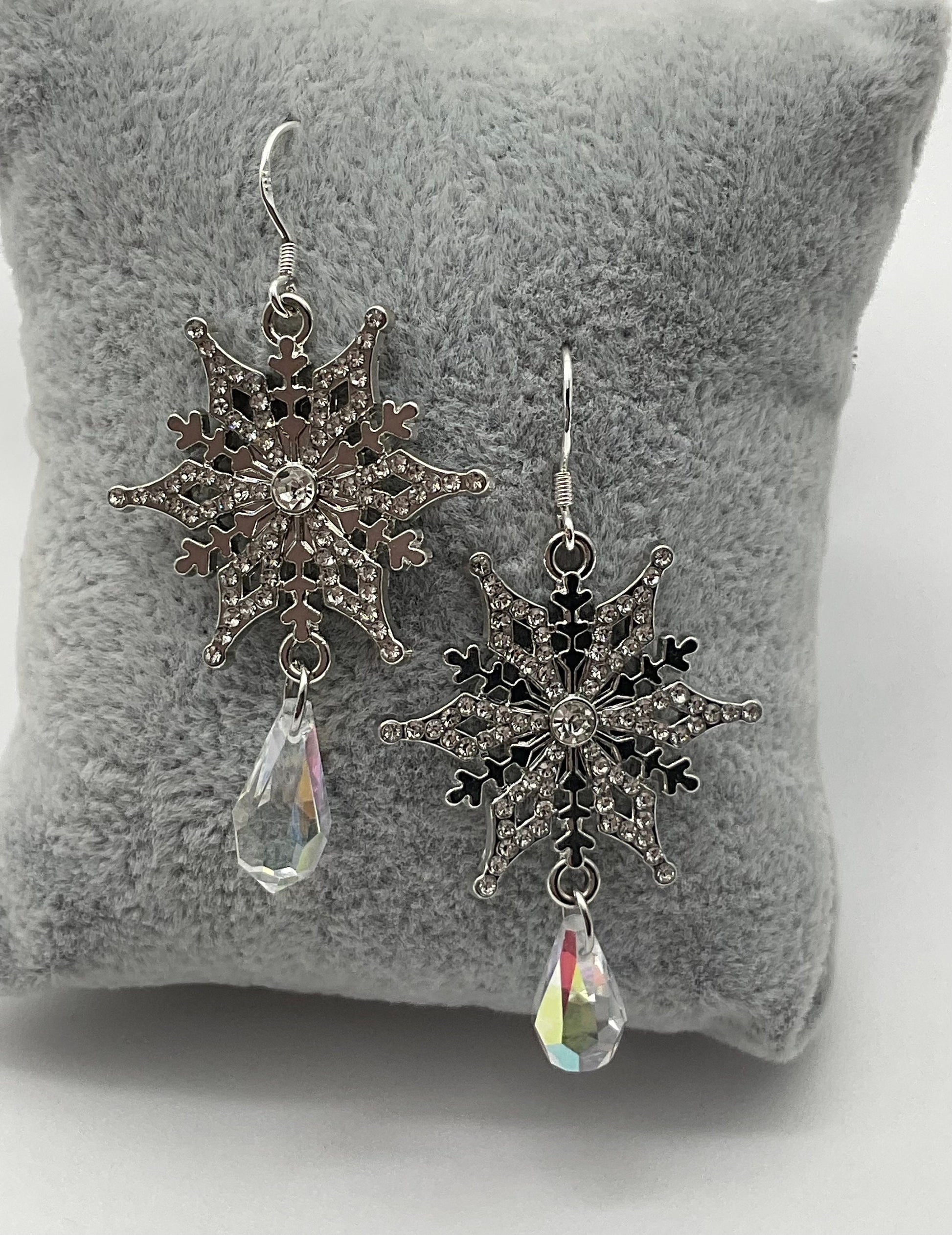 Silver Snowflake Sterling Silver Ear Wire Procosia Crystal Drop Dangle Earrings AB - Christmas Holiday Jewelry