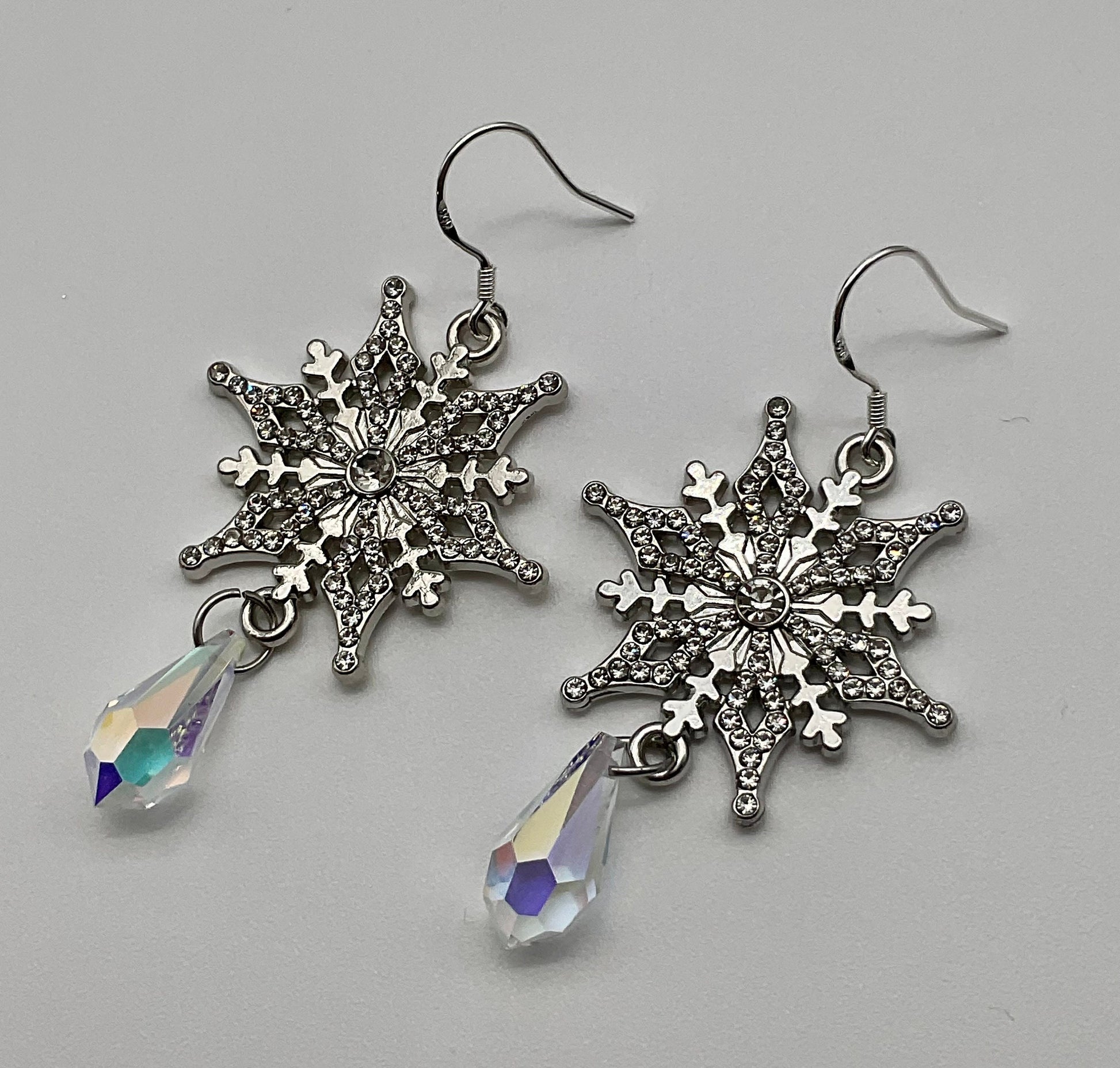 Silver Snowflake Sterling Silver Ear Wire Procosia Crystal Drop Dangle Earrings AB - Christmas Holiday Jewelry