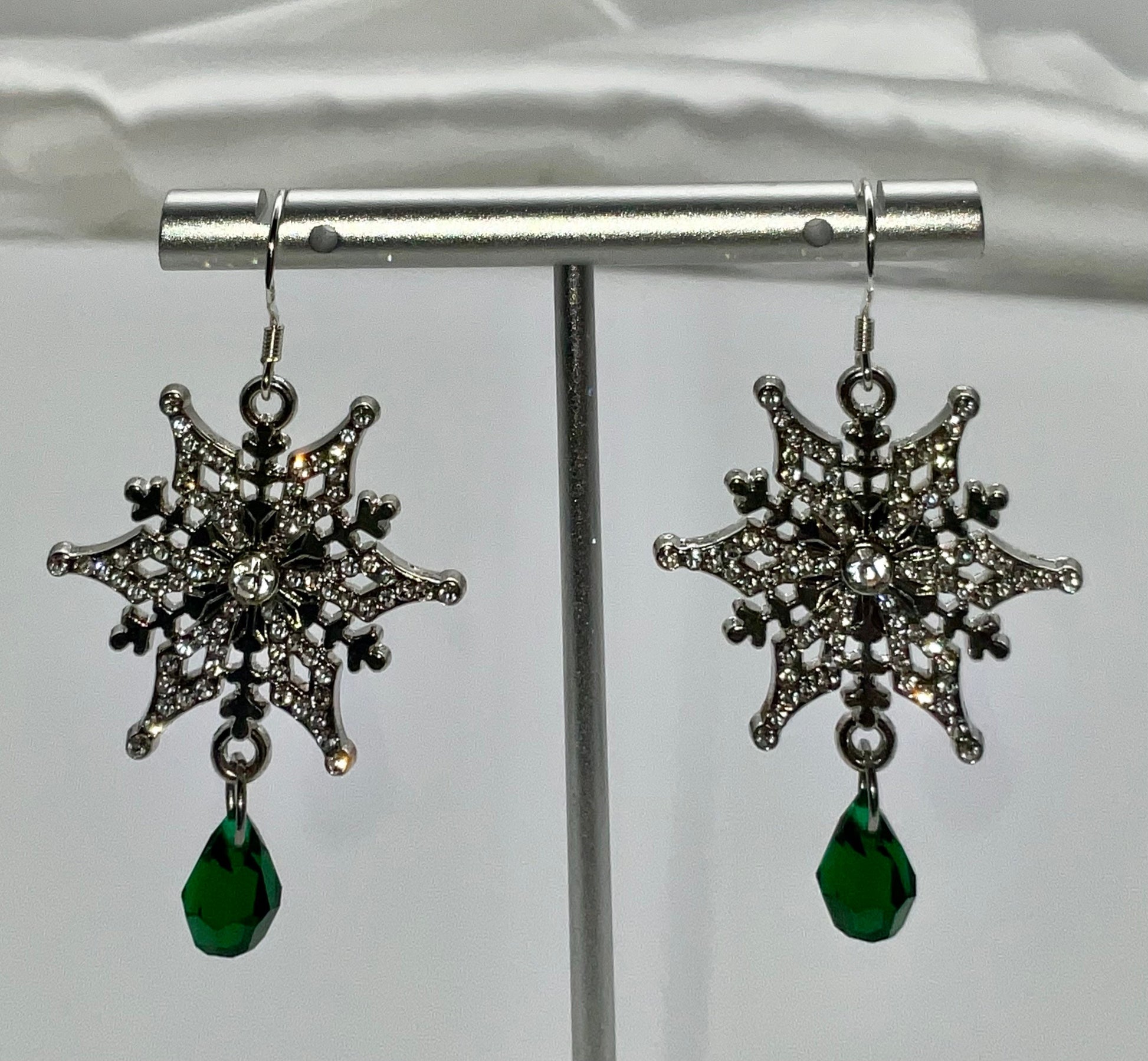 Silver Snowflake Sterling Silver Ear Wire Swarovski Green Emerald May Crystal Drop Dangle Earrings AB - Christmas Holiday Jewelry