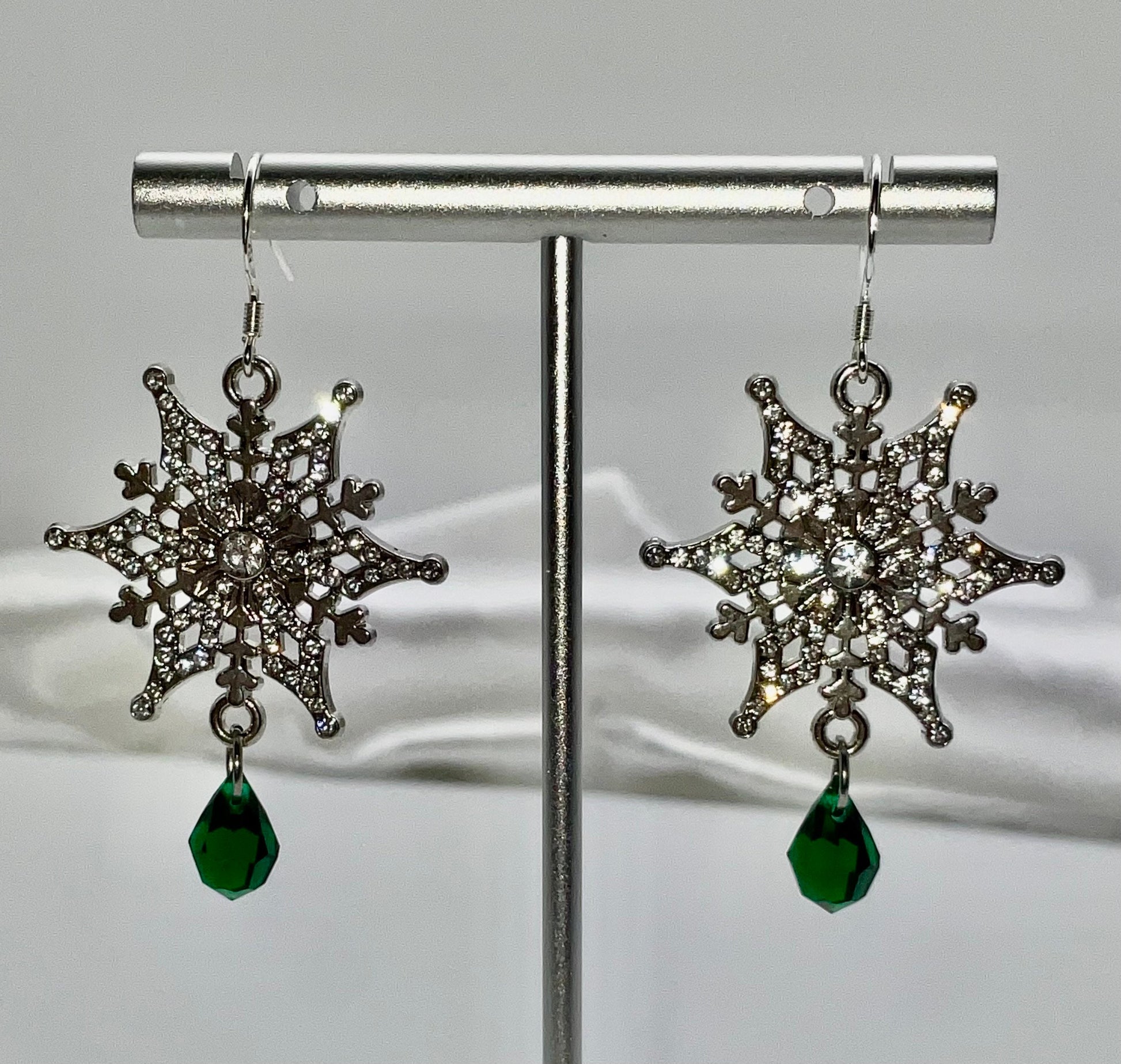 Silver Snowflake Sterling Silver Ear Wire Swarovski Green Emerald May Crystal Drop Dangle Earrings AB - Christmas Holiday Jewelry