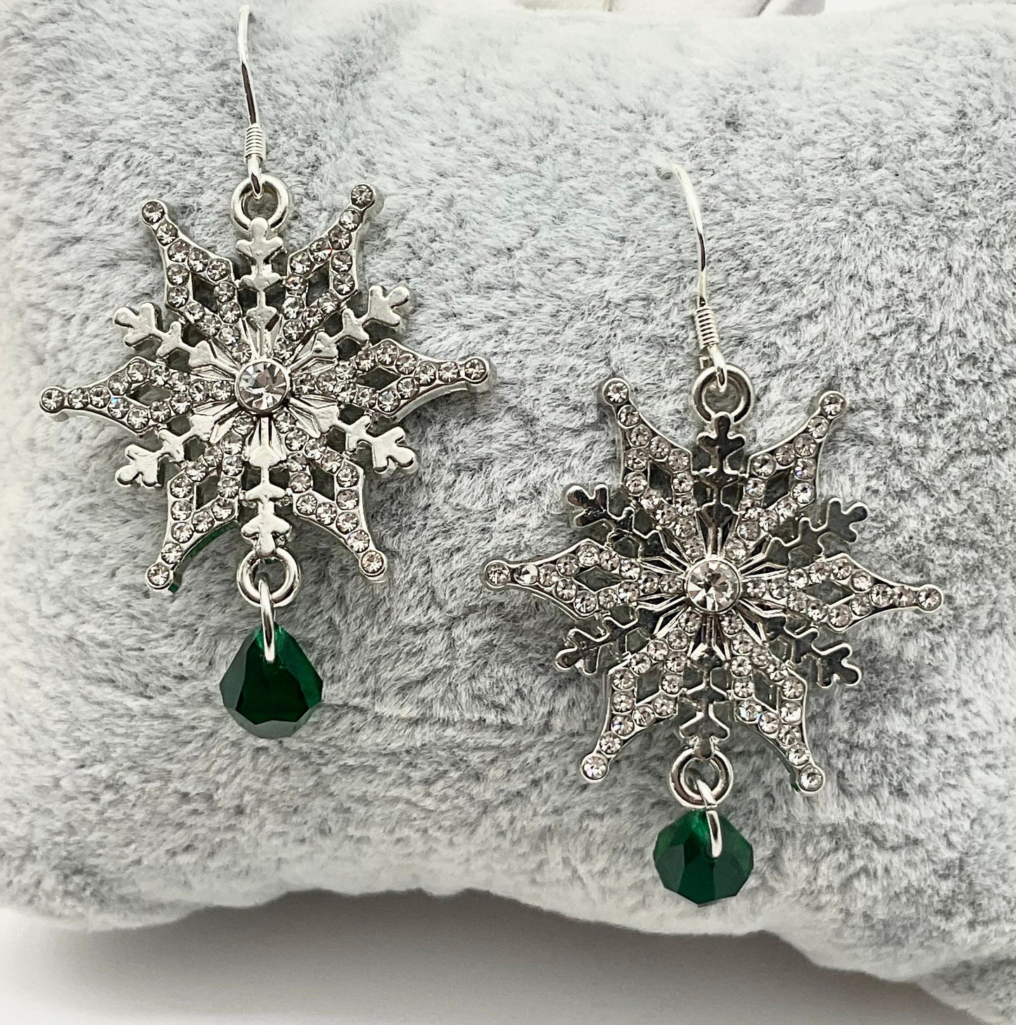 Silver Snowflake Sterling Silver Ear Wire Swarovski Green Emerald May Crystal Drop Dangle Earrings AB - Christmas Holiday Jewelry