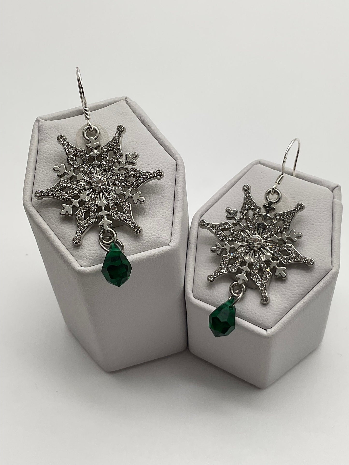 Silver Snowflake Sterling Silver Ear Wire Swarovski Green Emerald May Crystal Drop Dangle Earrings AB - Christmas Holiday Jewelry