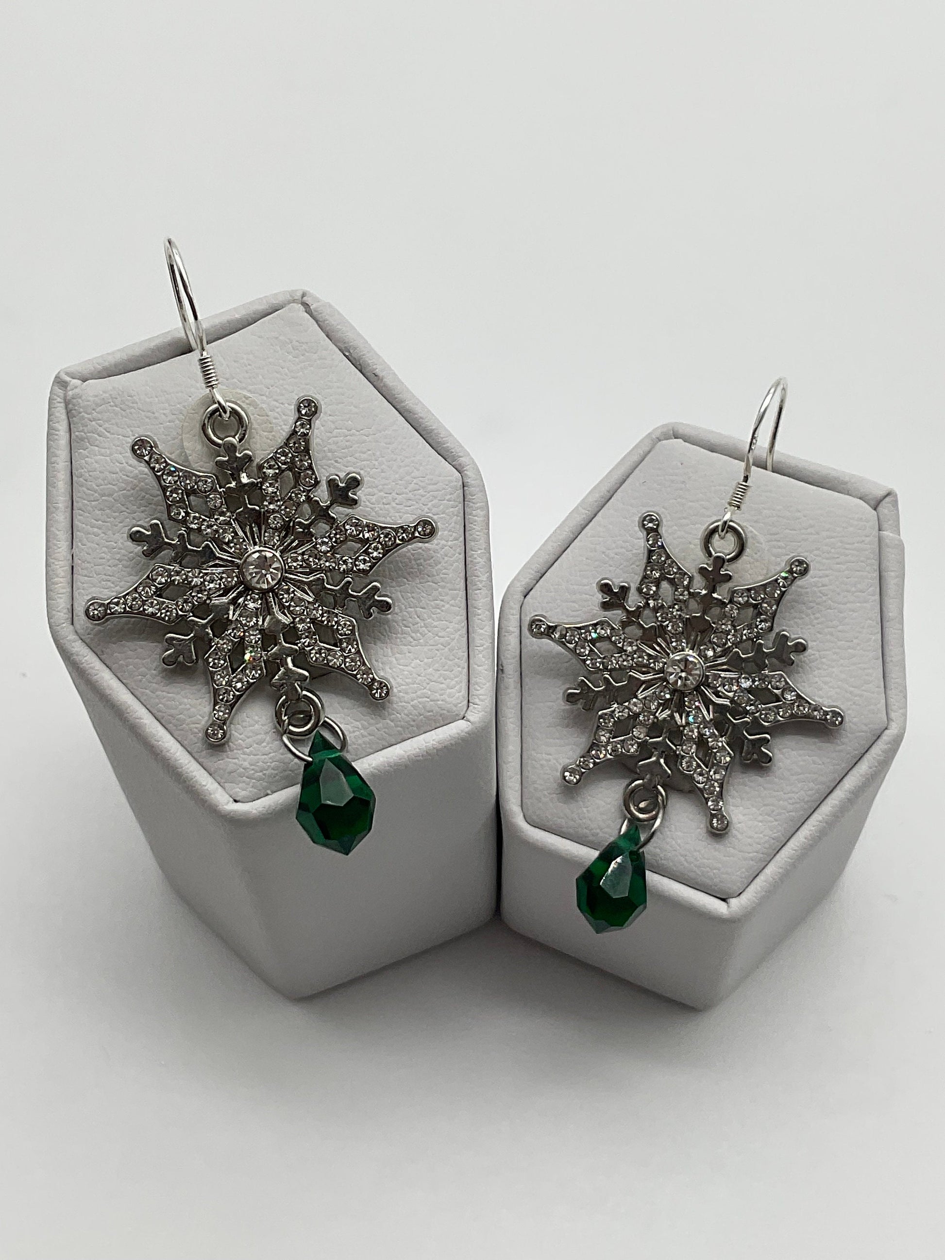 Silver Snowflake Sterling Silver Ear Wire Swarovski Green Emerald May Crystal Drop Dangle Earrings AB - Christmas Holiday Jewelry