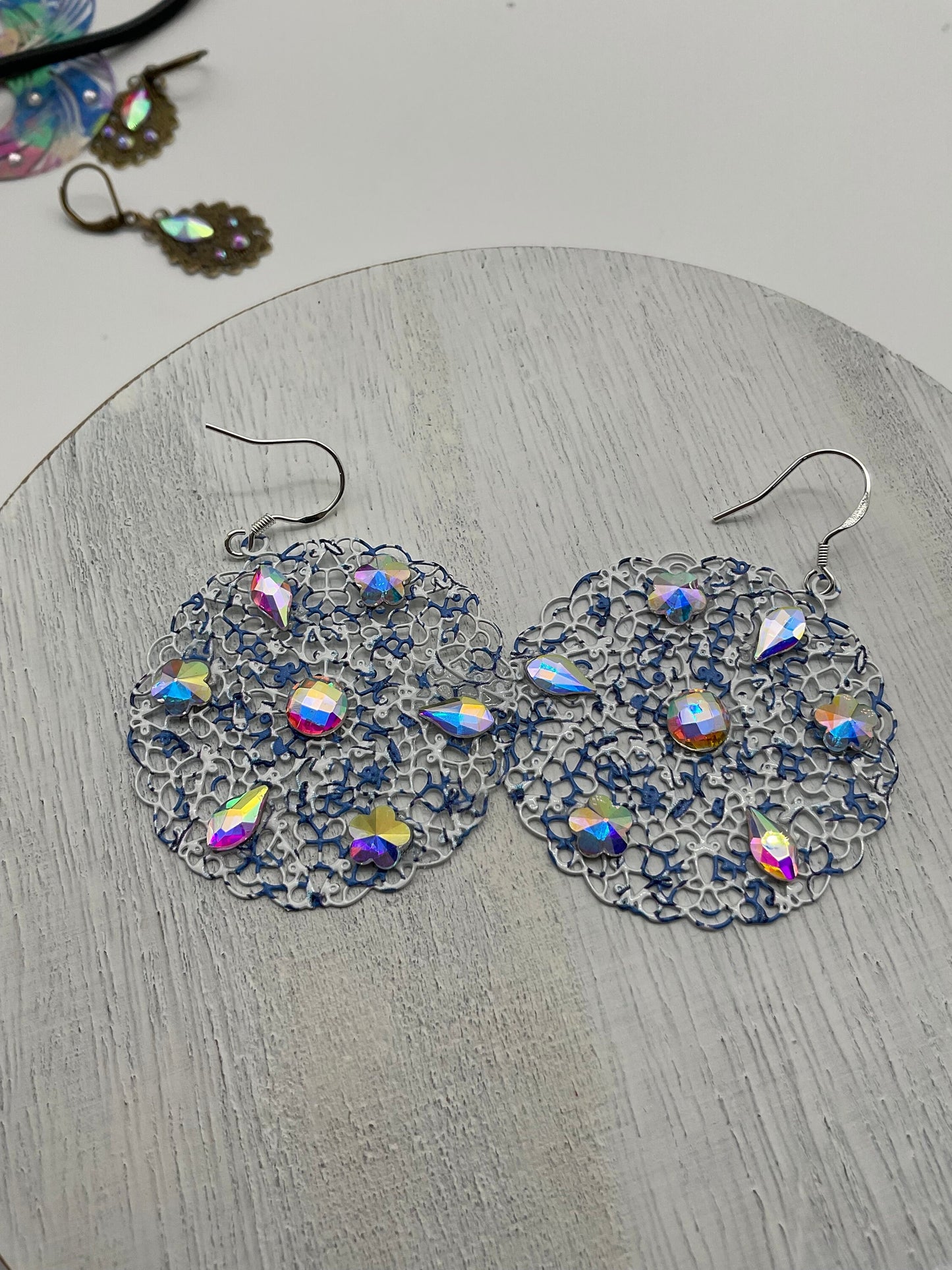 Blue and White Flower Shaped Dangle Earrings with Crystal Accents