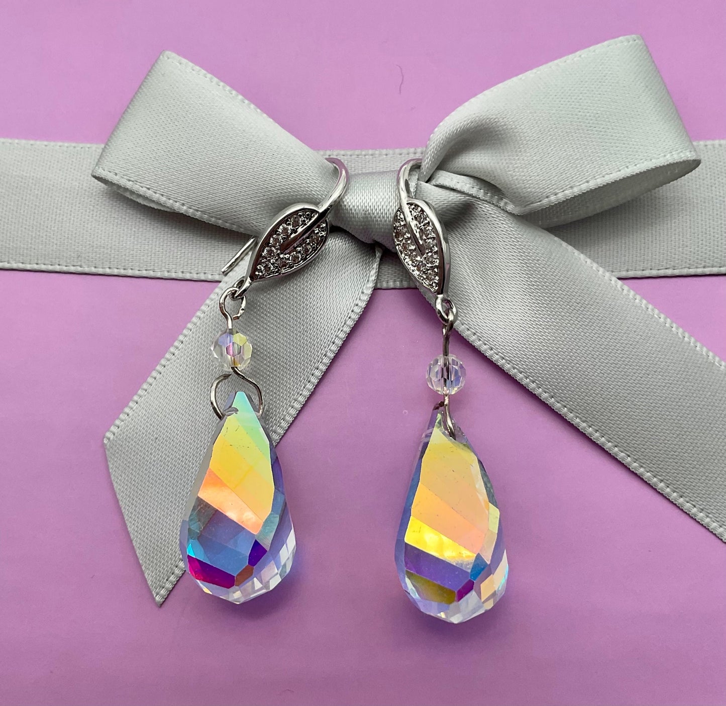 Silver Swarovski Teardrop Crystal Drop Dangle Earrings AB Earrings