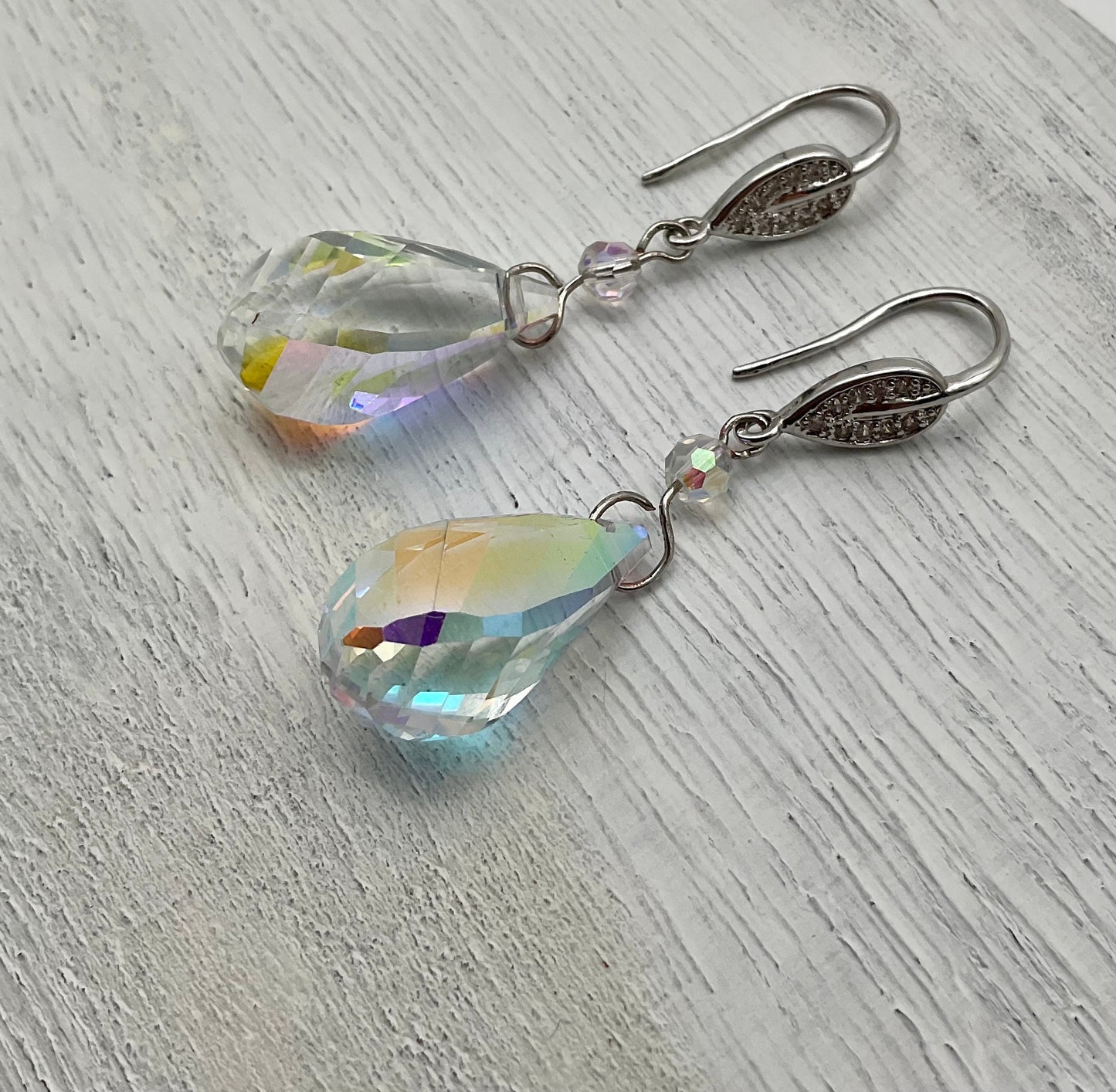 Silver Swarovski Teardrop Crystal Drop Dangle Earrings AB Earrings