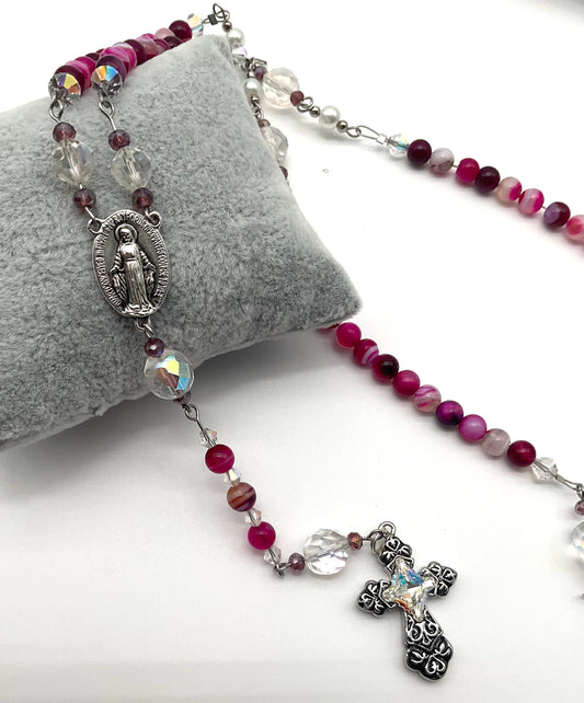 Rose - Pink Natural Onyx Agate Beaded Rosary Catholic Christian Religious Jewelry Hand Made with Crystal Accent Cross - 5 Decade