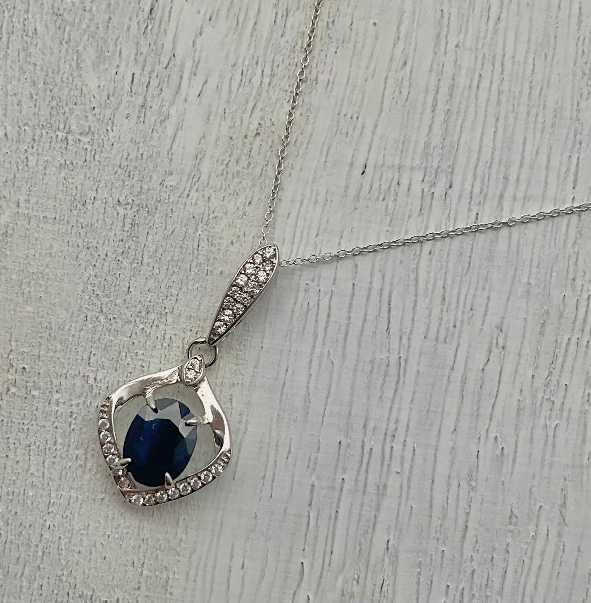 Genuine Blue Sapphire September Birthstone Necklace CZ Accent Pendant on an 18” Sterling Silver Chain