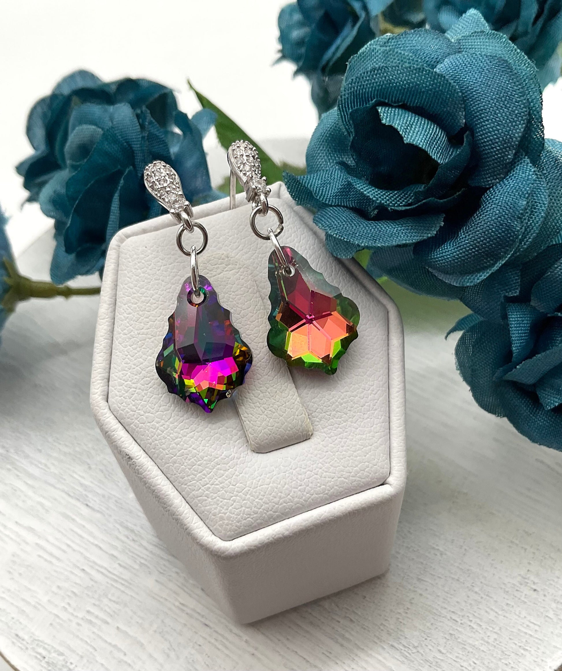 Sterling Silver Genuine Swarovski Baroque Dangle Earrings - Viral Medium or Light Vitral Color