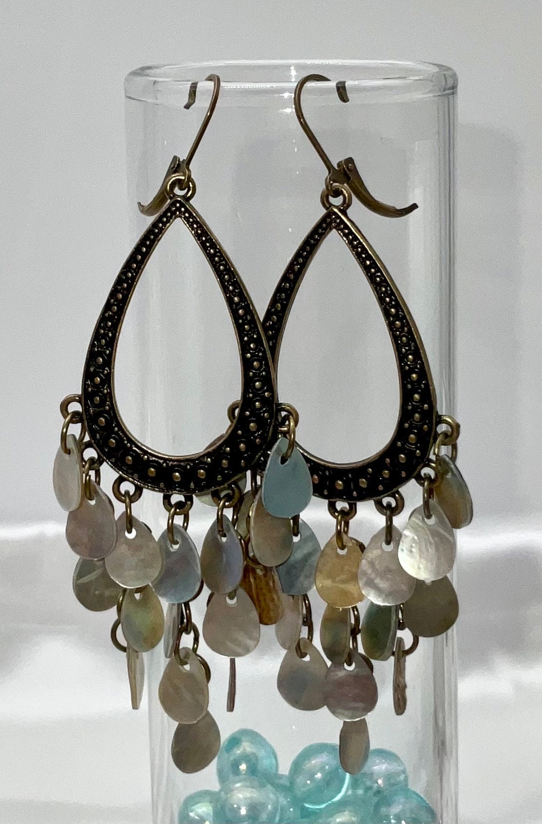 Brass Mother of Pearl Shell Dangle Earrings - Pear Teardrop Shaped