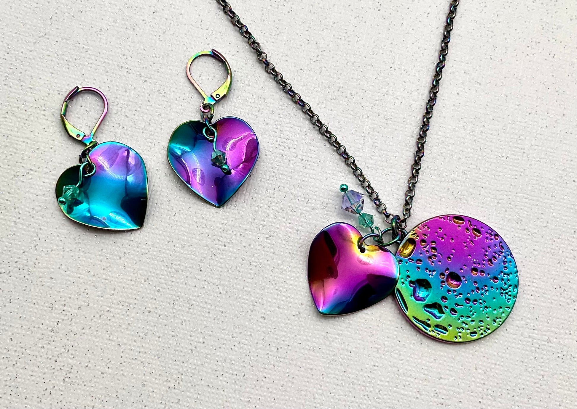 Iridescent Rainbow Heart Necklace and Earring Set with Crystal Accents