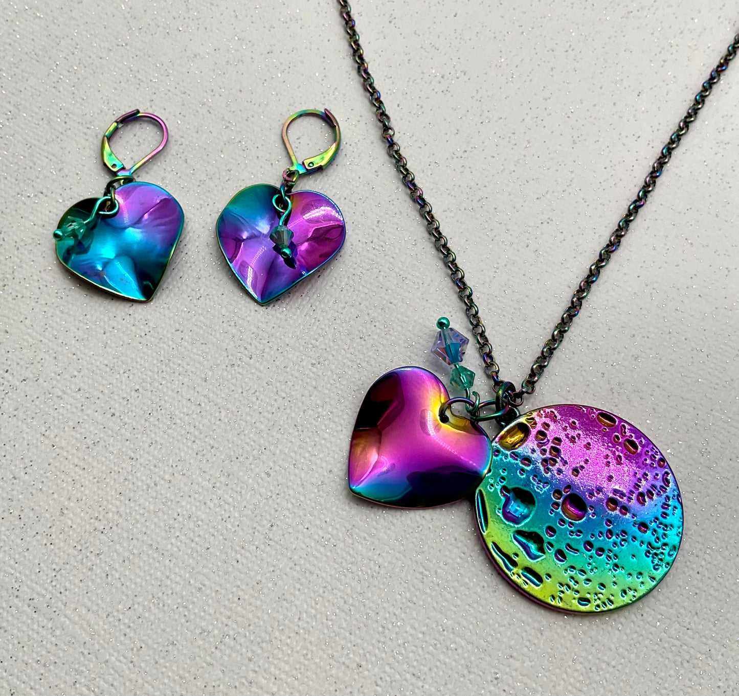 Iridescent Rainbow Heart Necklace and Earring Set with Crystal Accents