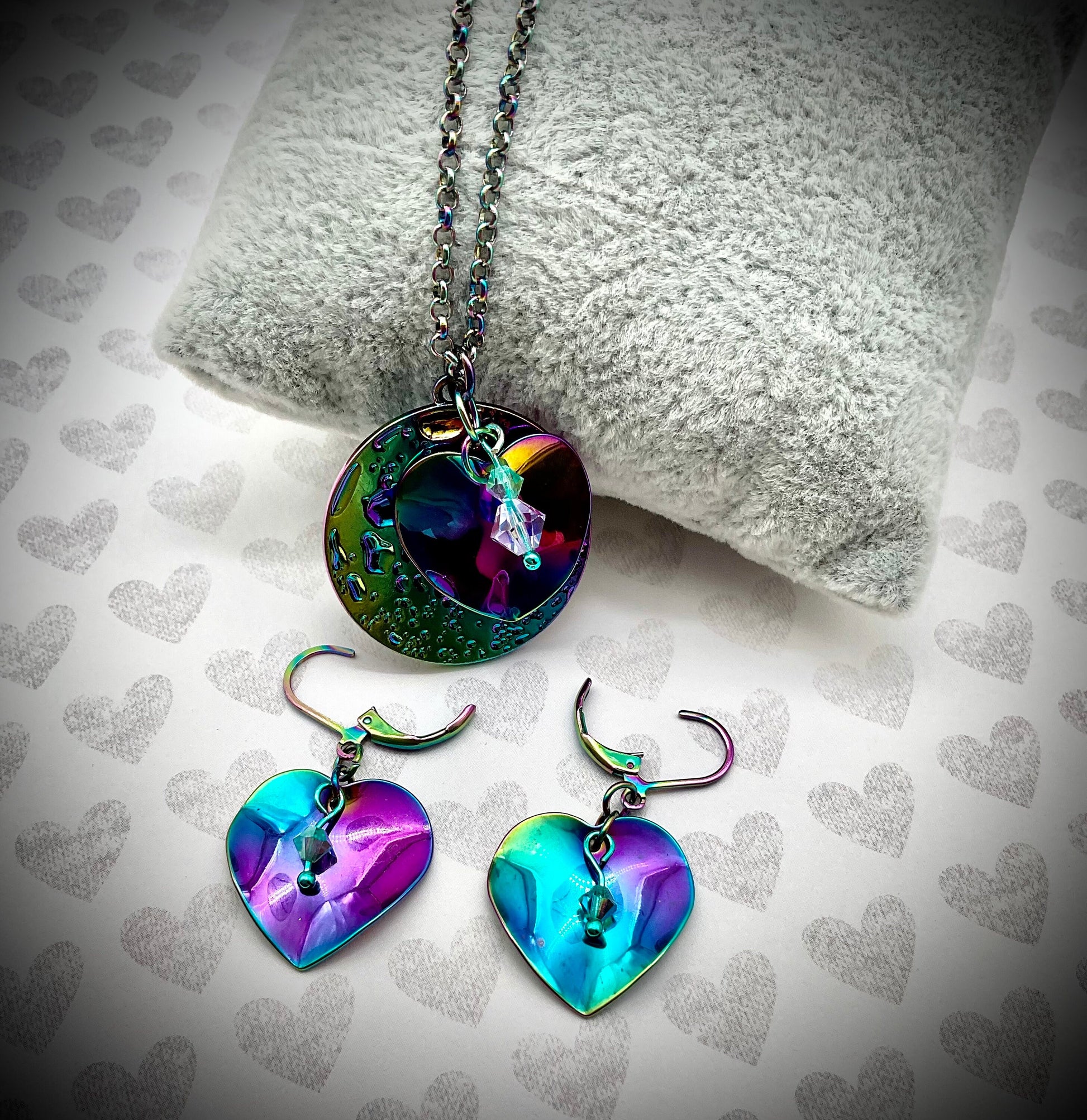 Iridescent Rainbow Heart Necklace and Earring Set with Crystal Accents