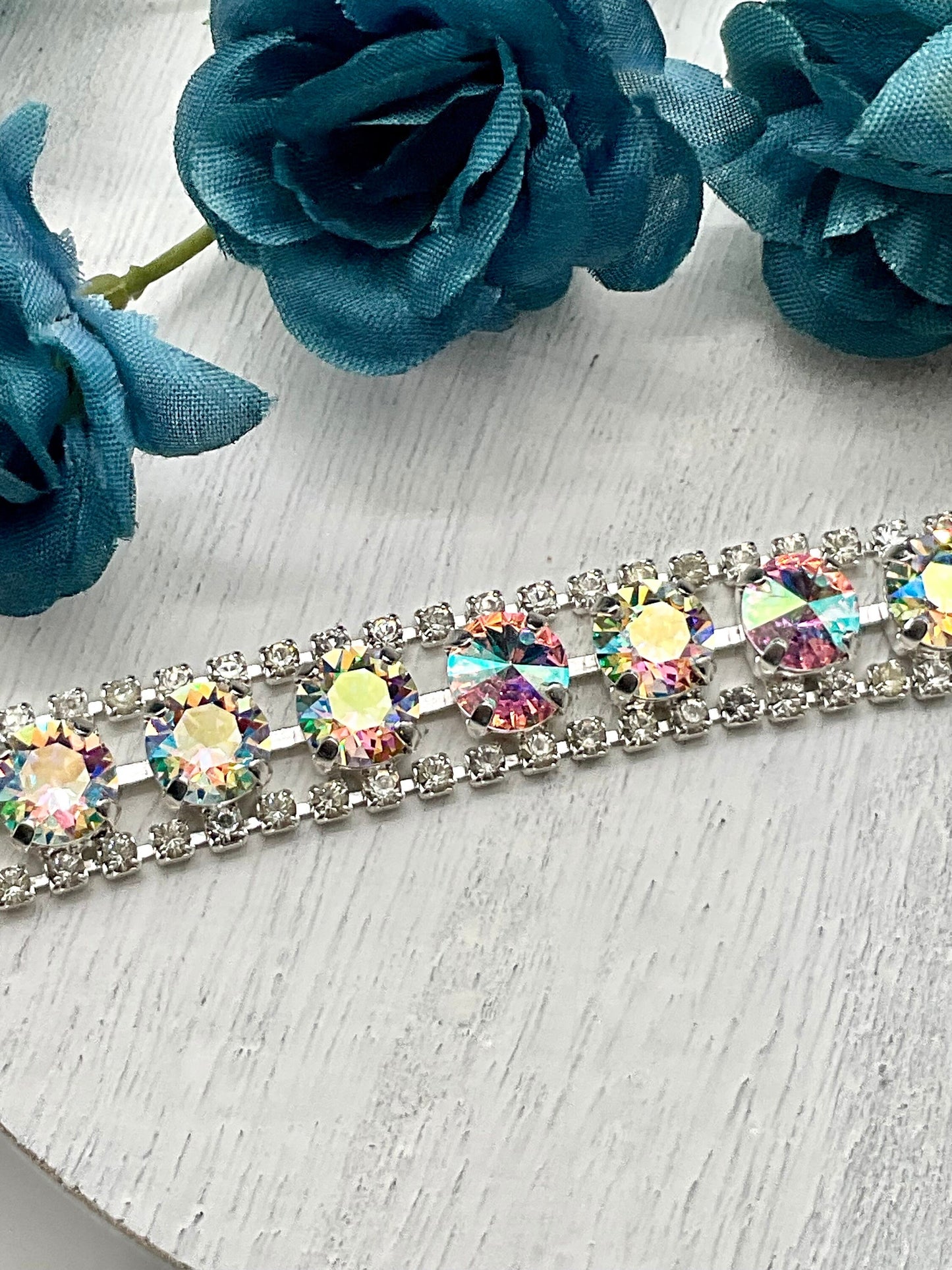 Genuine Swarovski Crystal Bracelet Blue, Pink and White Tears of Isis Stones with Rhinestone Accents and Rose Clasp