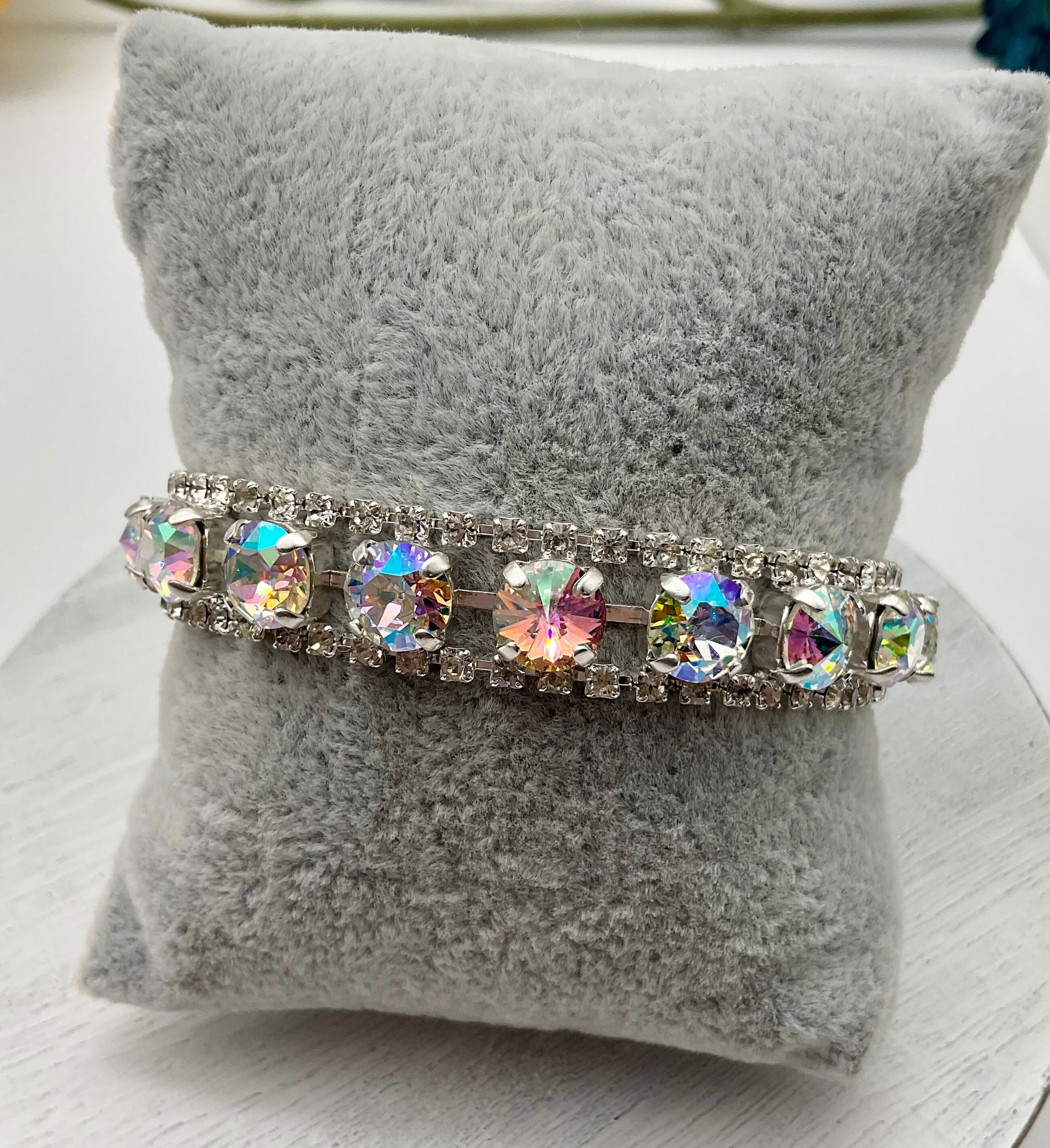 Genuine Swarovski Crystal Bracelet Blue, Pink and White Tears of Isis Stones with Rhinestone Accents and Rose Clasp