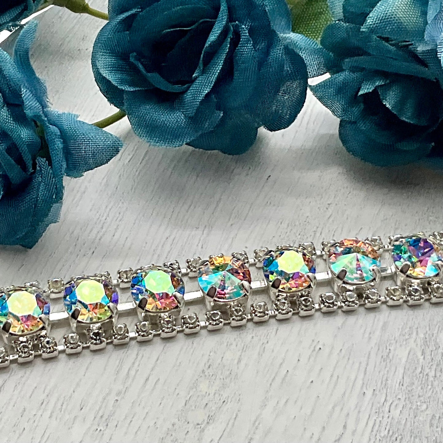 Genuine Swarovski Crystal Bracelet Blue, Pink and White Tears of Isis Stones with Rhinestone Accents and Rose Clasp