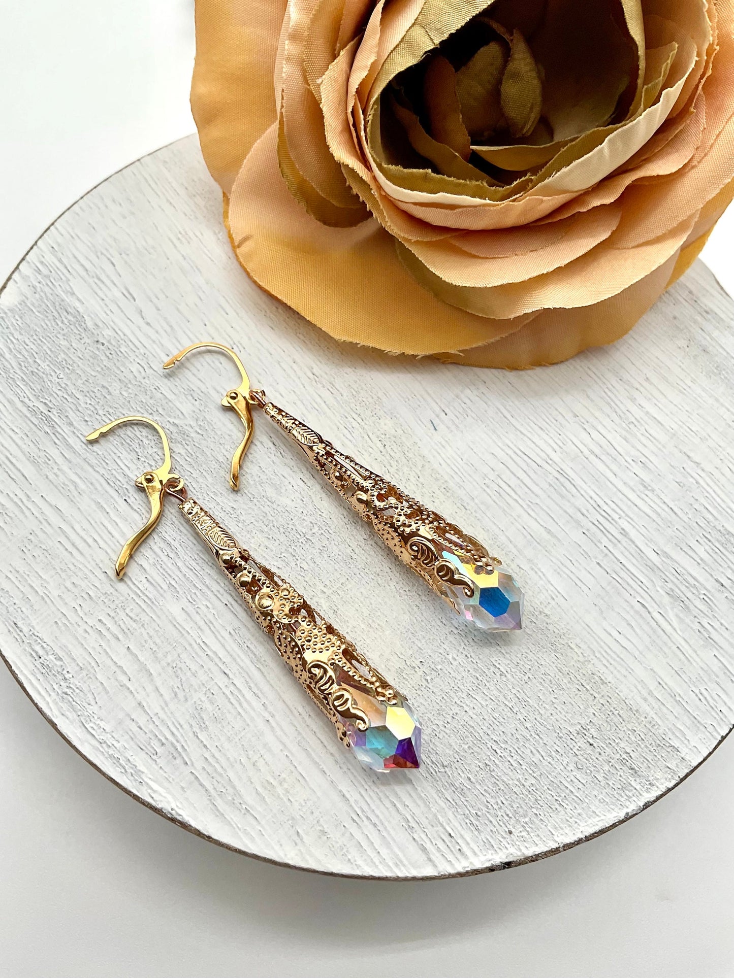 Gold Teardrop Pericosa AB Crystal Dangle Earrings