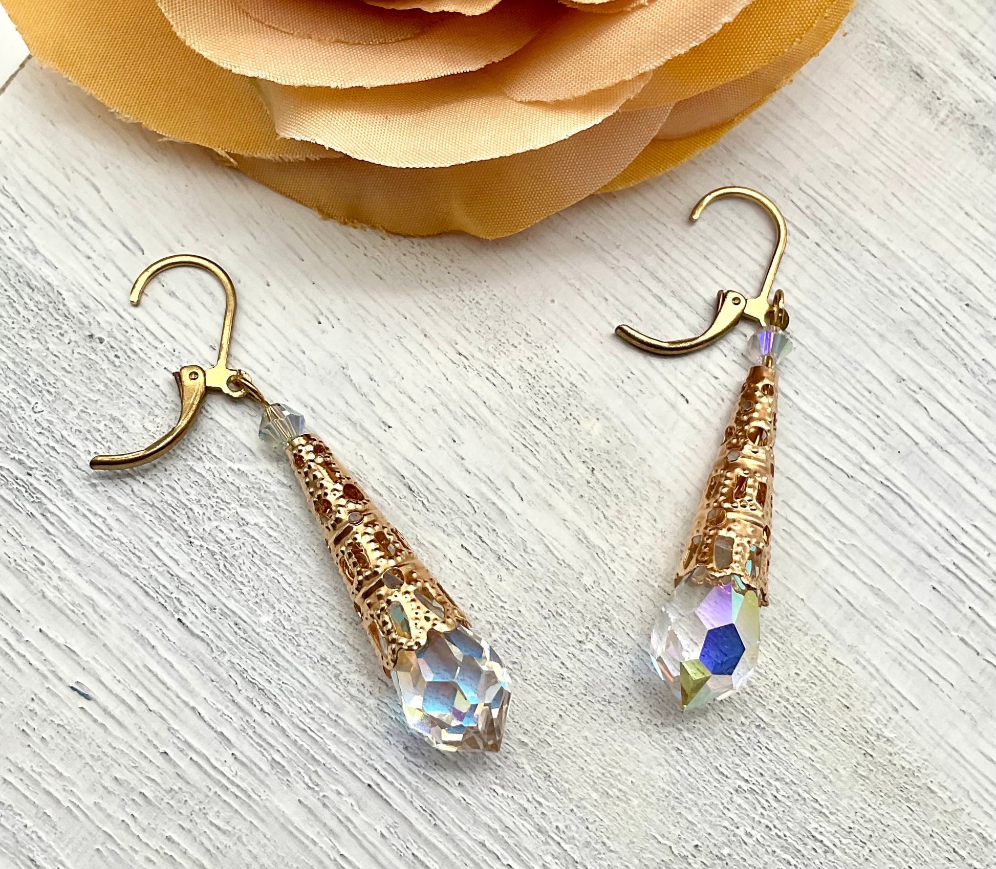 Gold Teardrop Pericosa AB Crystal Dangle Earrings