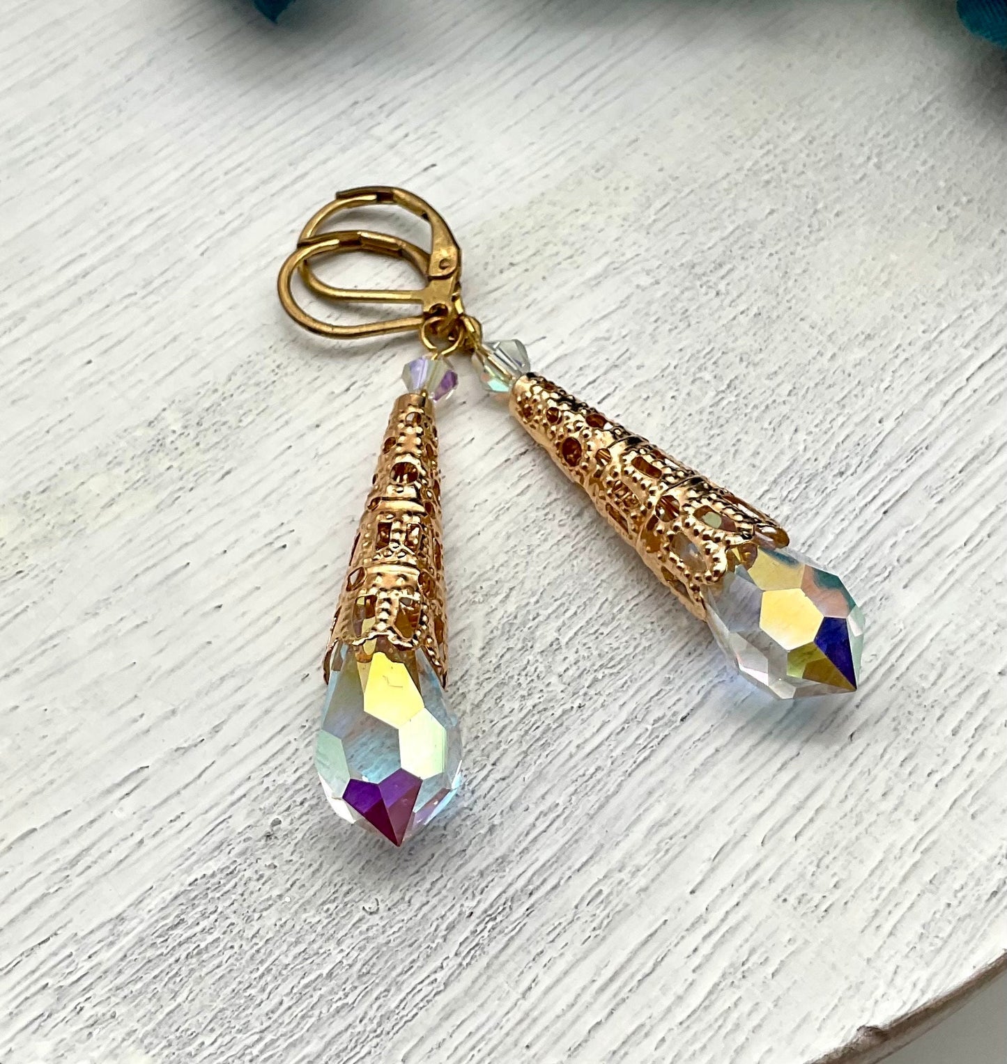 Gold Teardrop Pericosa AB Crystal Dangle Earrings