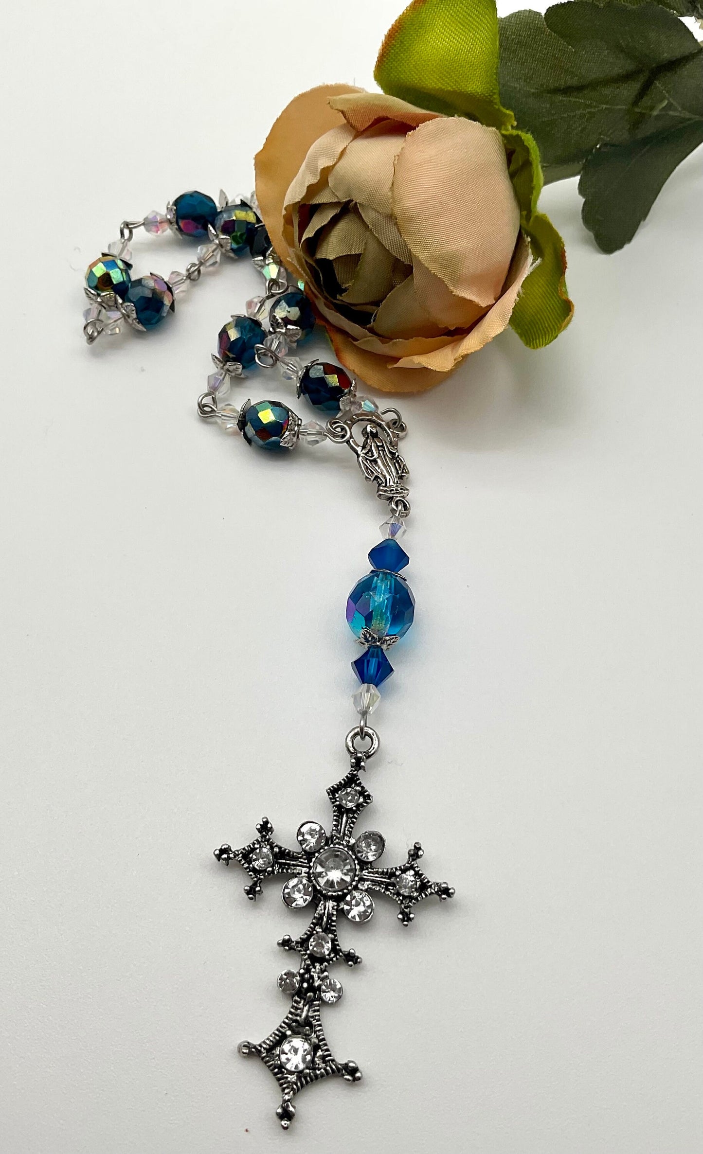 Blue Crystal Beaded Pocket Rosary Catholic Christian Religious Jewelry Hand Made with Rhinestone Accent Cross - 1 Decade