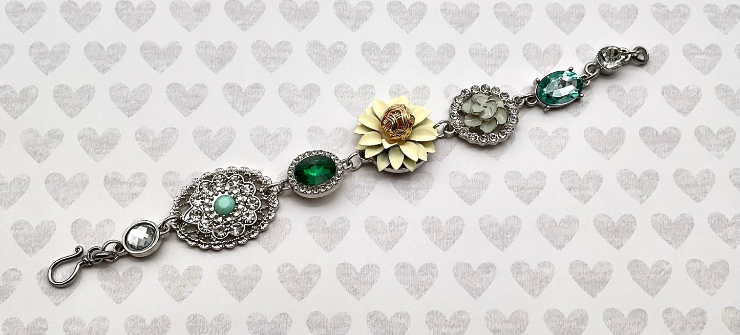 Silver Floral Bracelet - May Birthstone - Emerald Green Colored 7.5 Inch