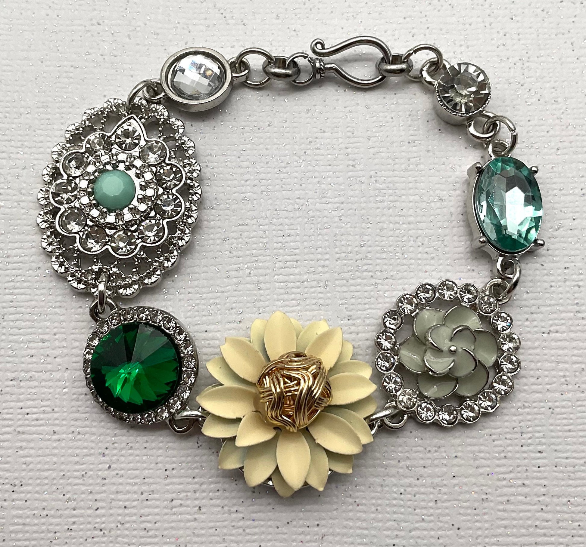 Silver Floral Bracelet - May Birthstone - Emerald Green Colored 7.5 Inch