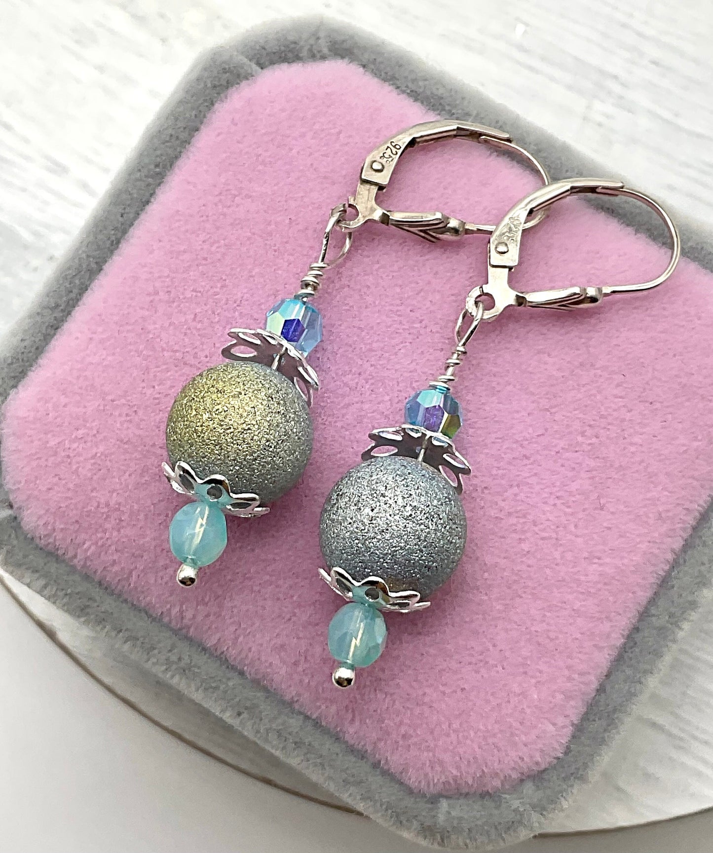 Powder Baby Blue Dangle Drop Earrings with Crystal Earrings and all 925 Sterling Silver Fittings