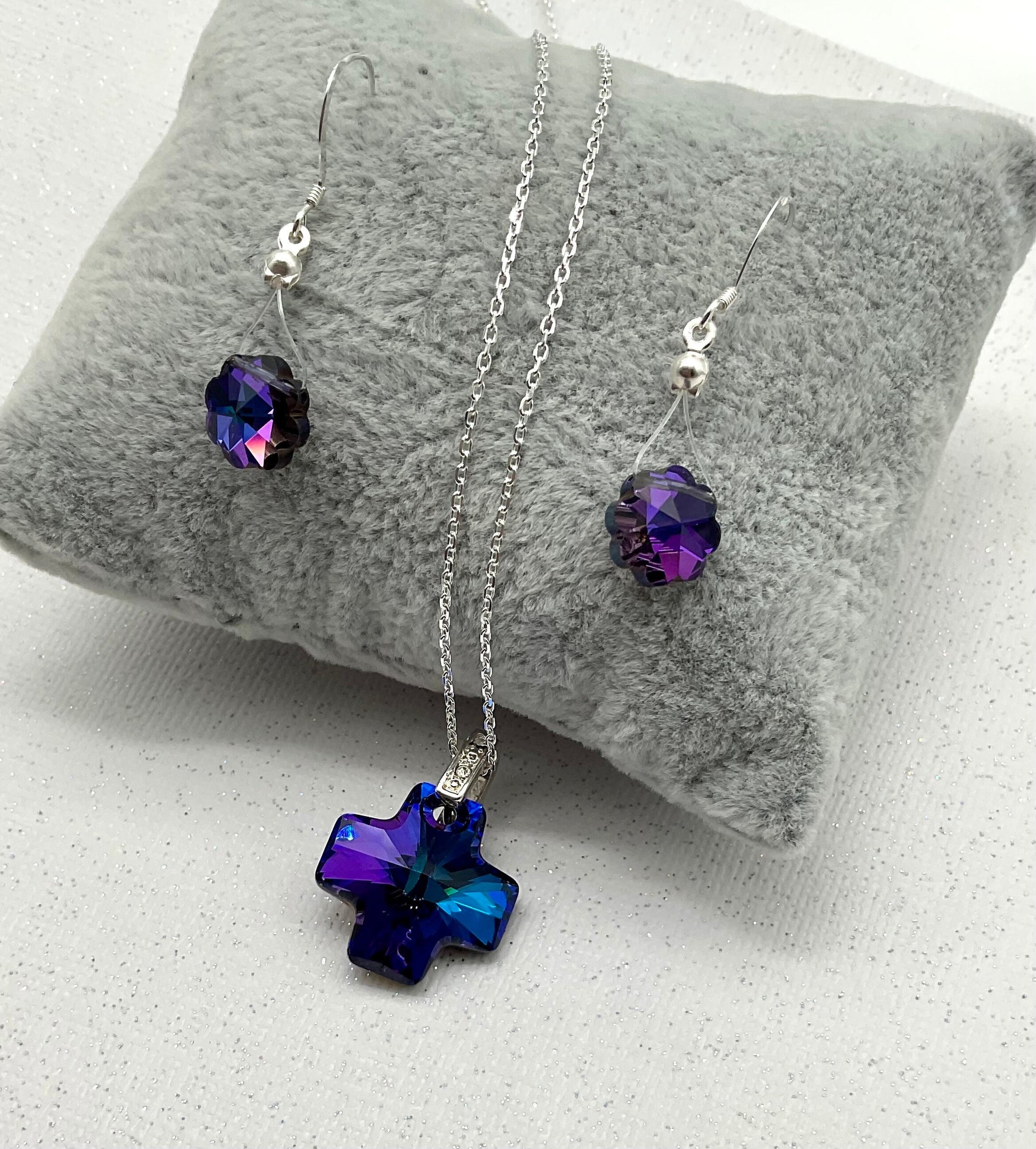 Swarovski Heliotrope Purple Cross Crystal Pendant Necklace and Earring Set