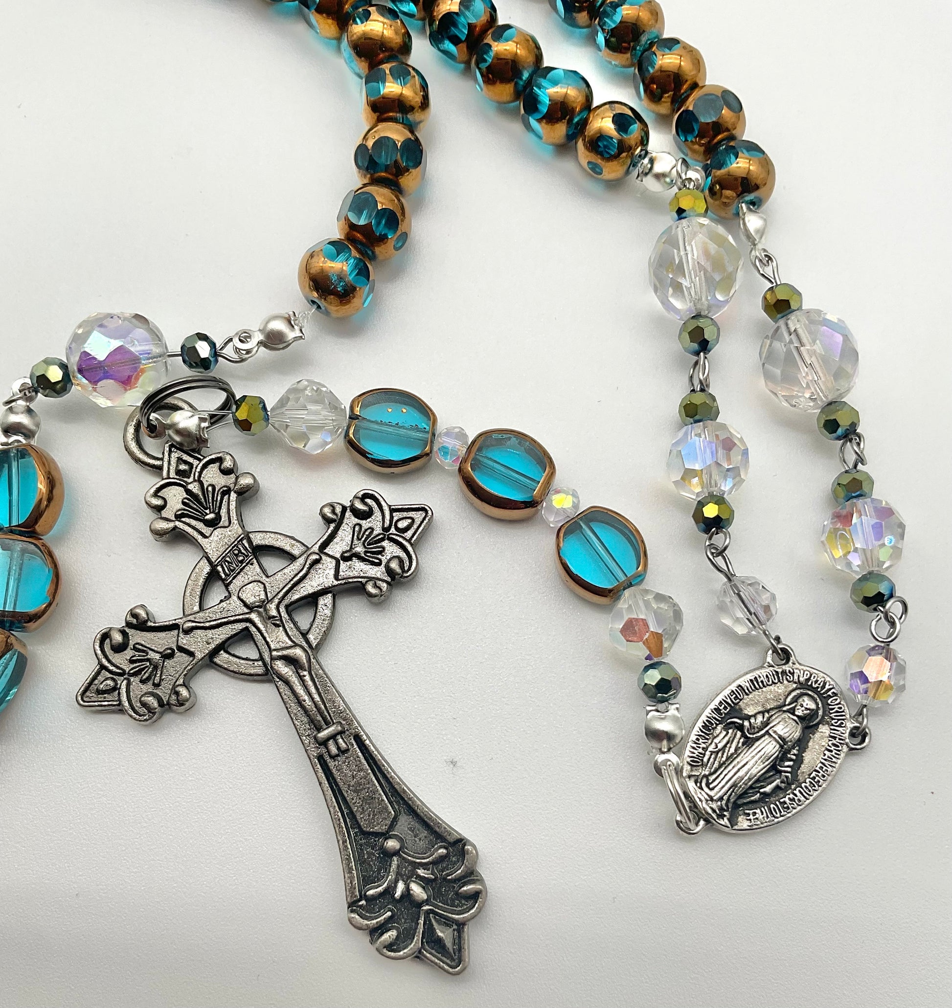 Teal - Green Glass Beaded Handmade Rosary Catholic Christian Religious Jewelry Cross - 5 Decade