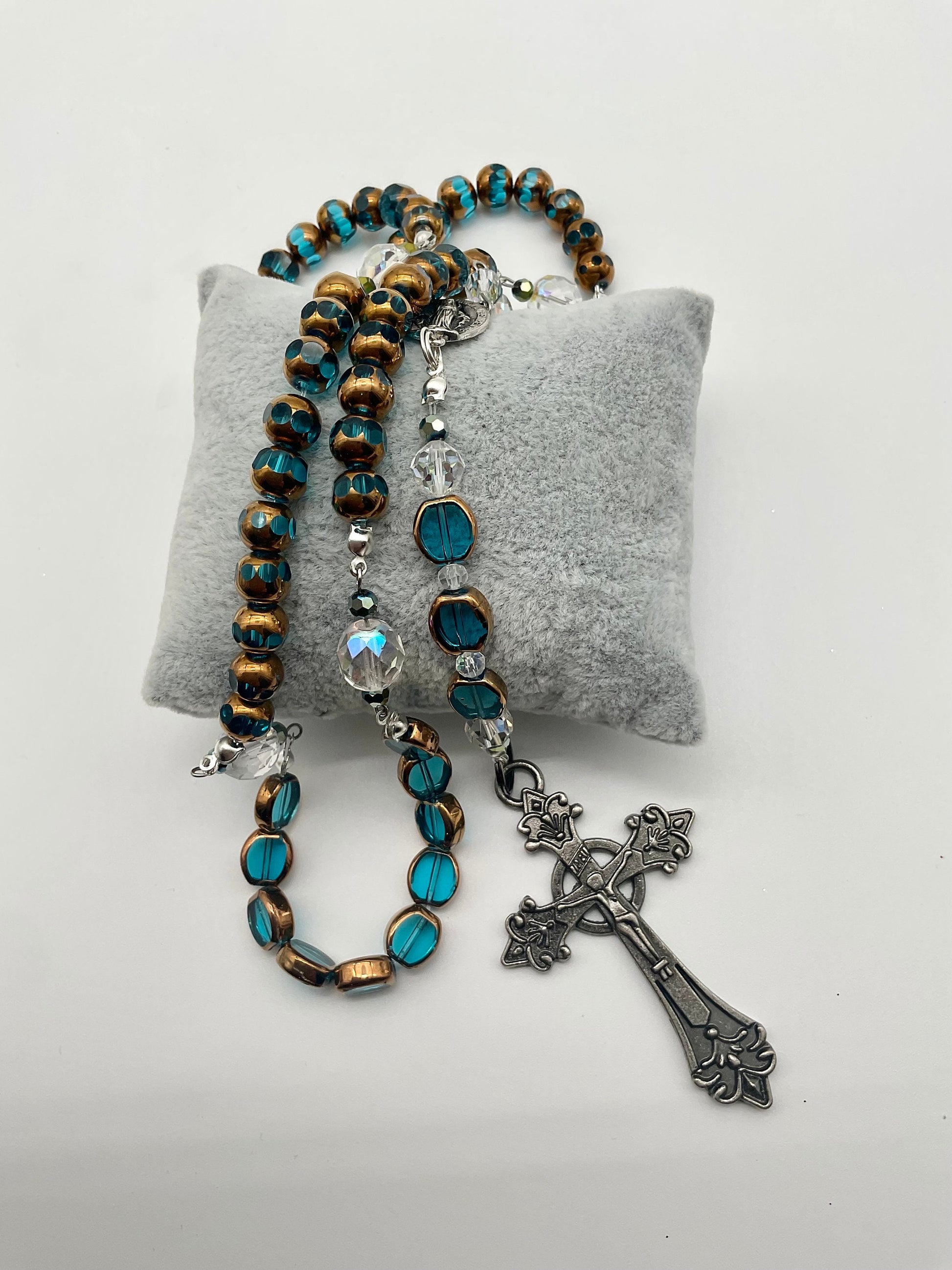 Teal - Green Glass Beaded Handmade Rosary Catholic Christian Religious Jewelry Cross - 5 Decade