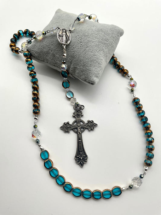 Teal - Green Glass Beaded Handmade Rosary Catholic Christian Religious Jewelry Cross - 5 Decade