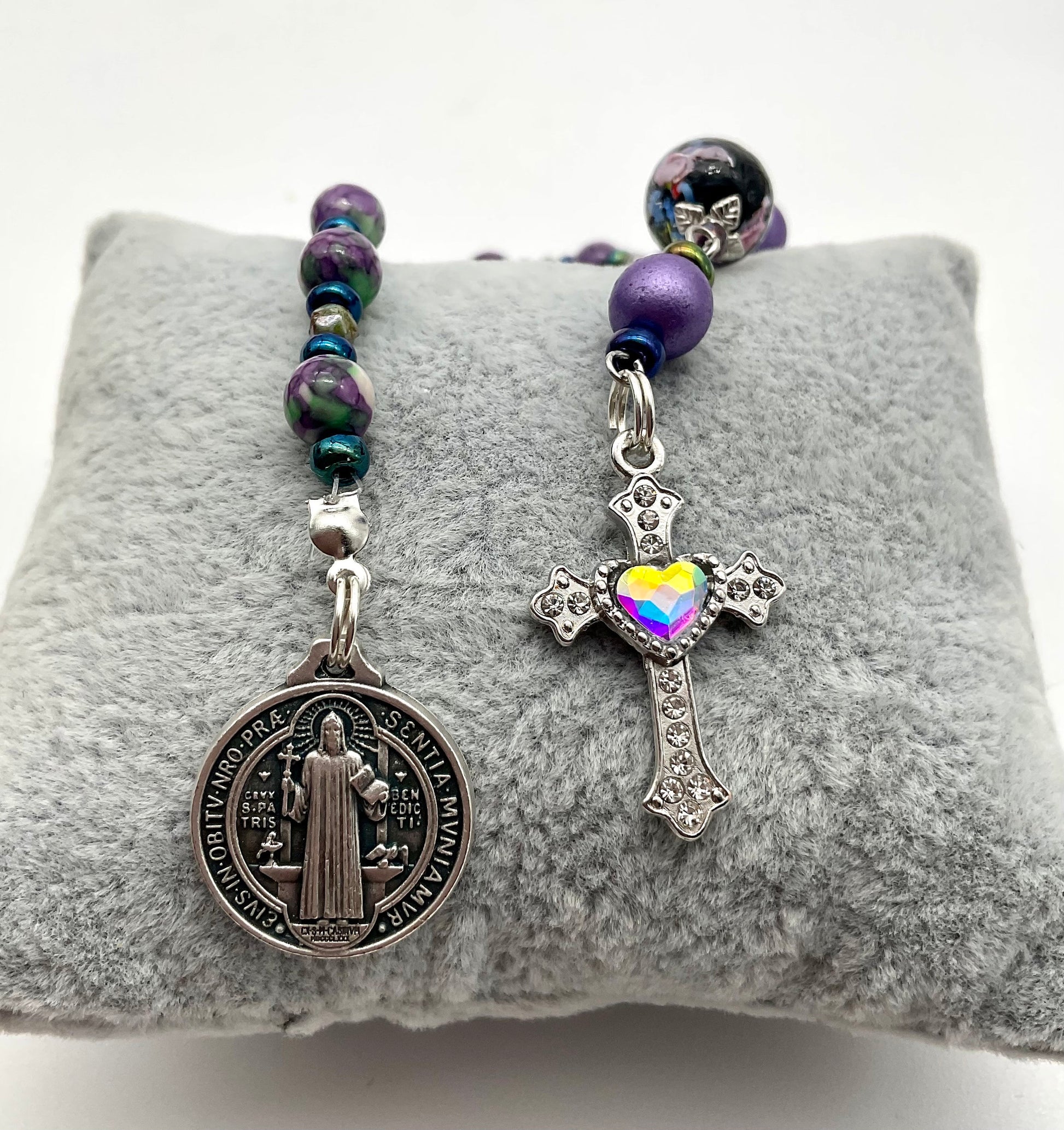 Purple and Green Agate Saint Benedict Beaded Pocket Rosary Catholic Christian Religious Jewelry with Rhinestone Accent Cross - 1 Decade