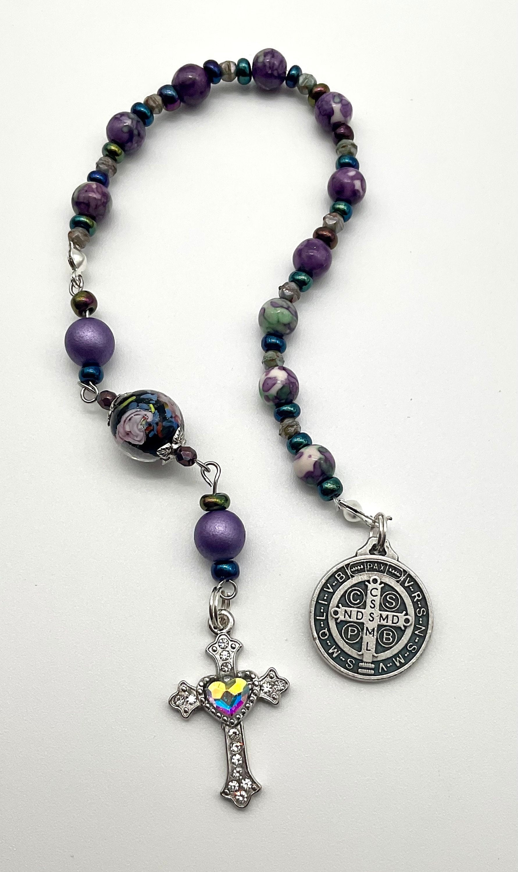 Purple and Green Agate Saint Benedict Beaded Pocket Rosary Catholic Christian Religious Jewelry with Rhinestone Accent Cross - 1 Decade