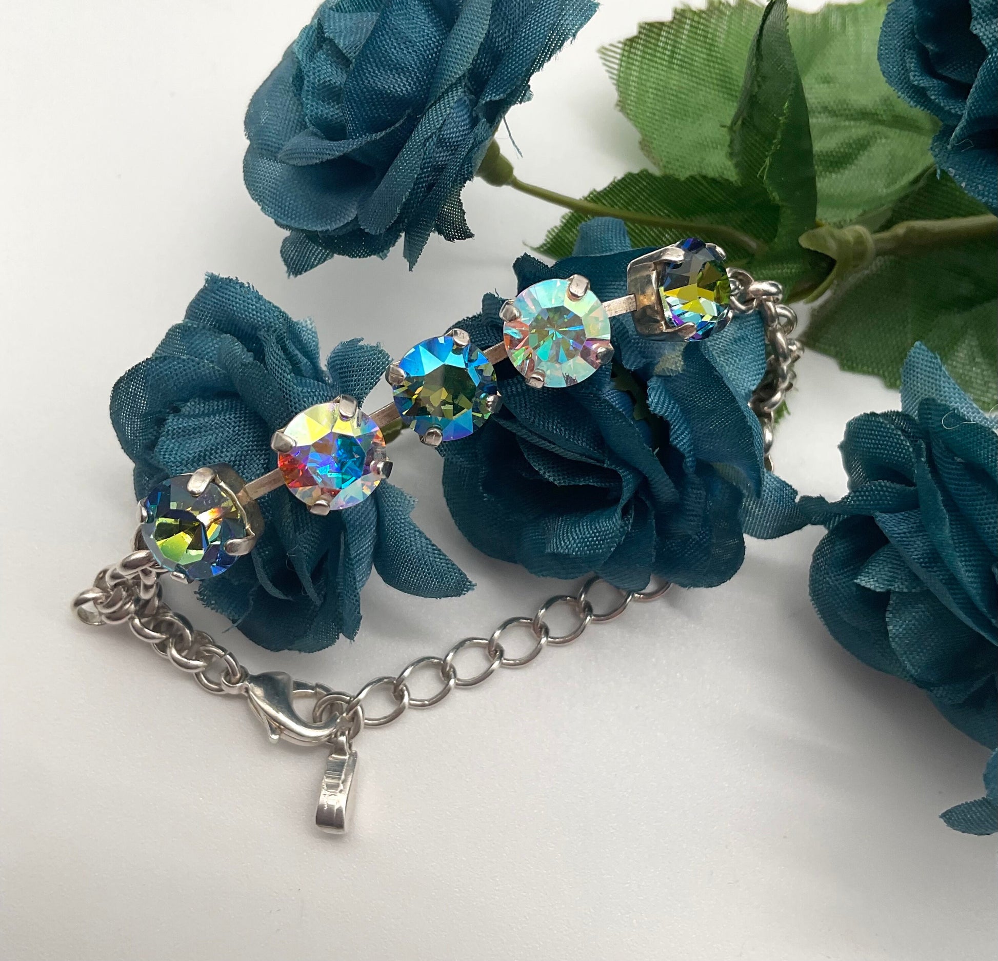 Genuine Swarovski Crystal Silver Bracelet with Blue and Pink Crystals on a Cup Chain