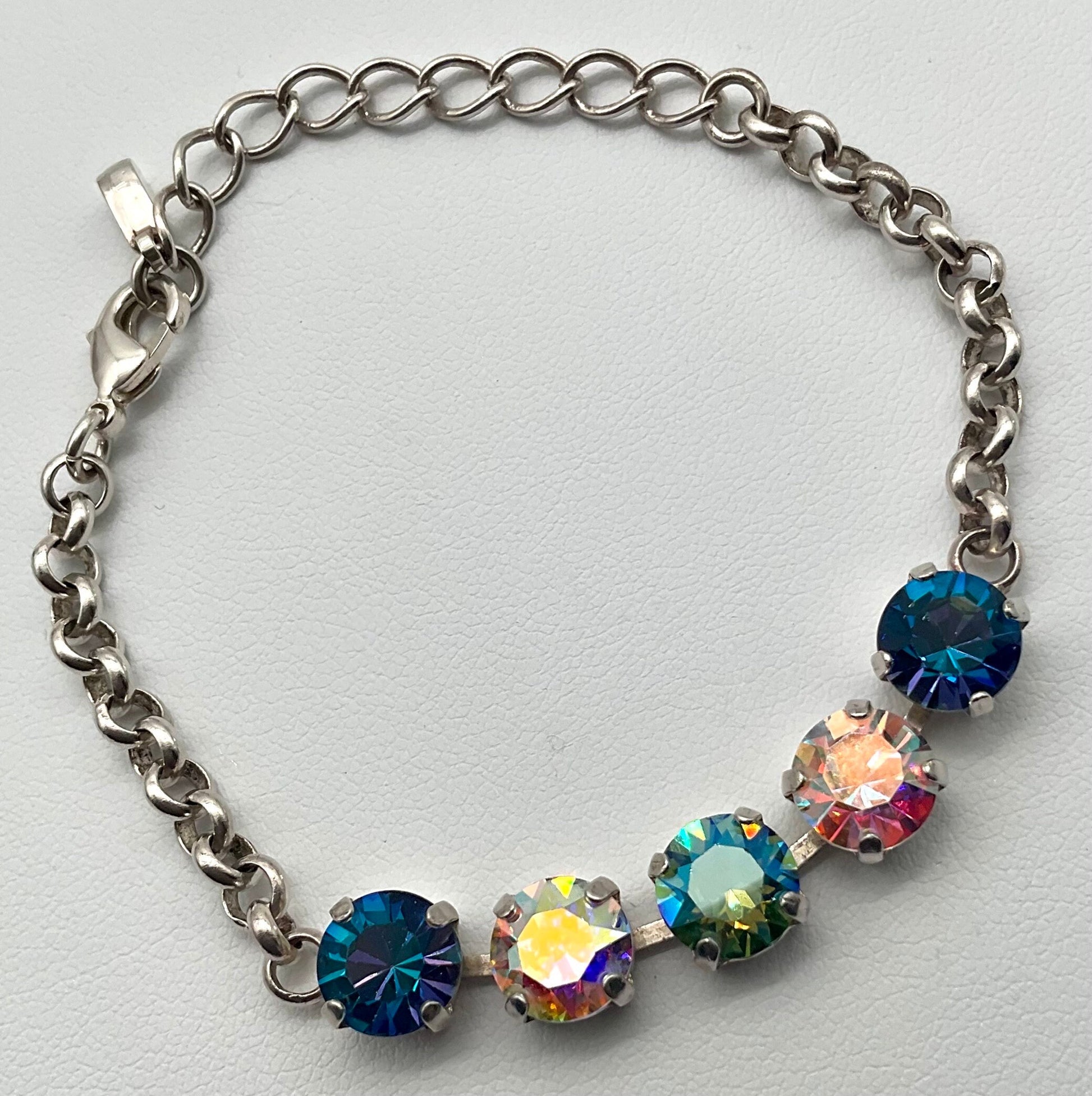 Genuine Swarovski Crystal Silver Bracelet with Blue and Pink Crystals on a Cup Chain