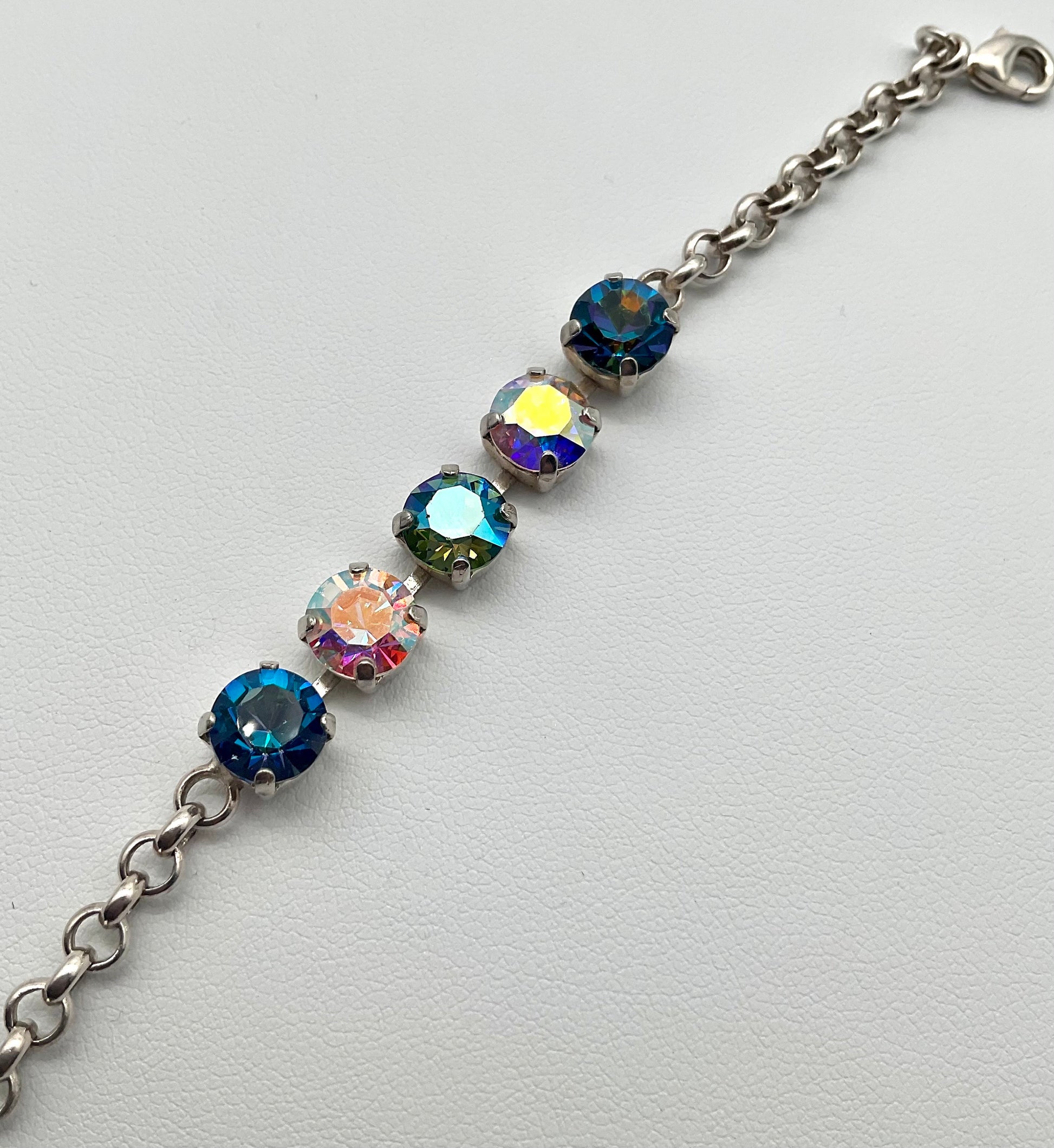 Genuine Swarovski Crystal Silver Bracelet with Blue and Pink Crystals on a Cup Chain