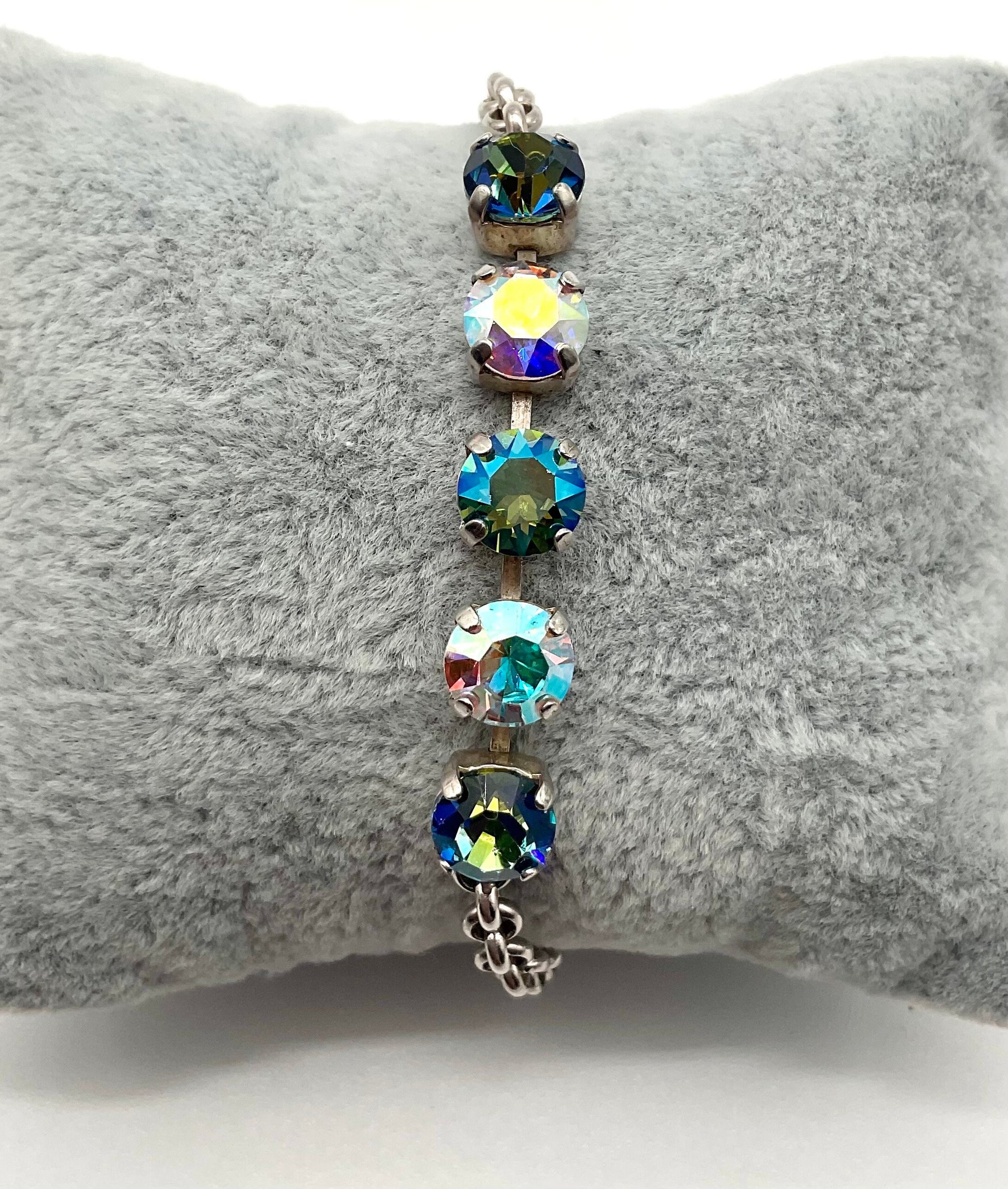 Genuine Swarovski Crystal Silver Bracelet with Blue and Pink Crystals on a Cup Chain